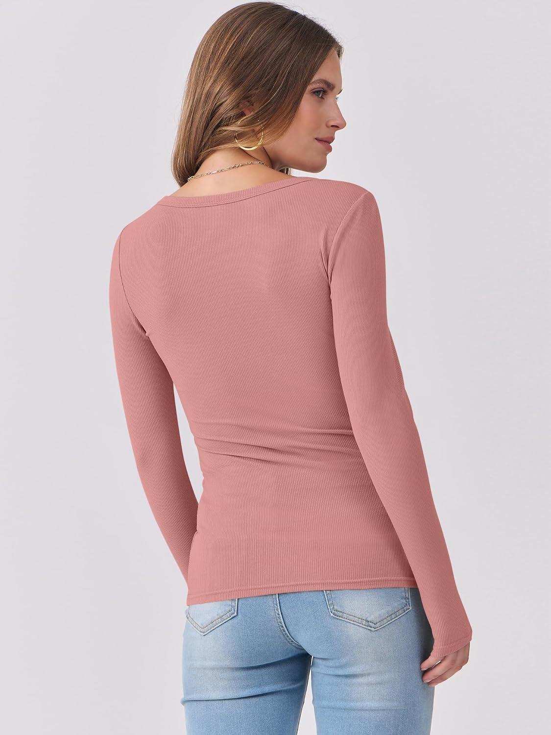 imageANRABESS Womens Long Sleeve Shirts Scoop Neck Ribbed Knit Slim Fitted Tops Casual Basic Tee 2025 Fall Fashion Outfits ClothesCoral