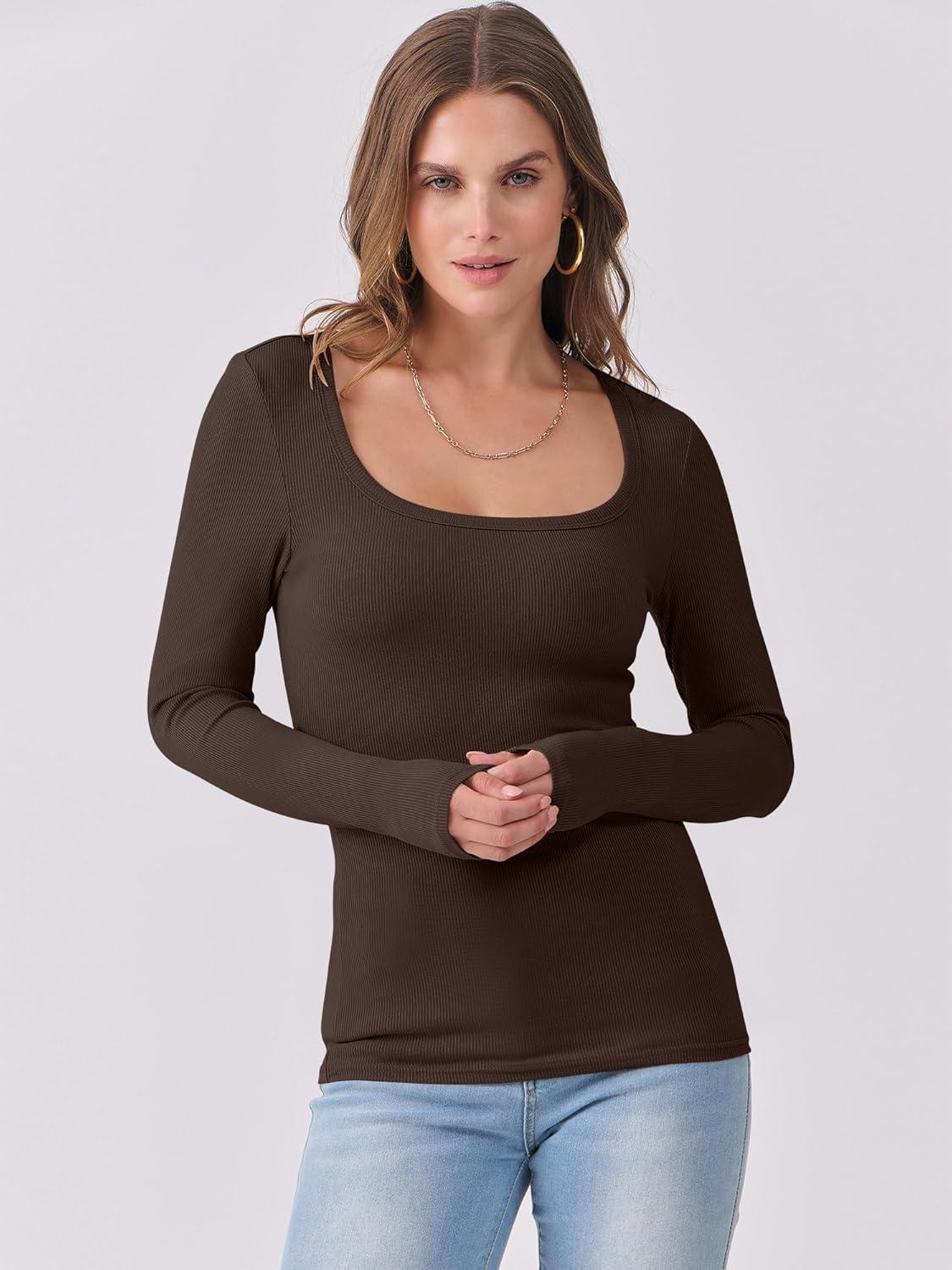 imageANRABESS Womens Long Sleeve Shirts Scoop Neck Ribbed Knit Slim Fitted Tops Casual Basic Tee 2025 Fall Fashion Outfits ClothesDark Brown