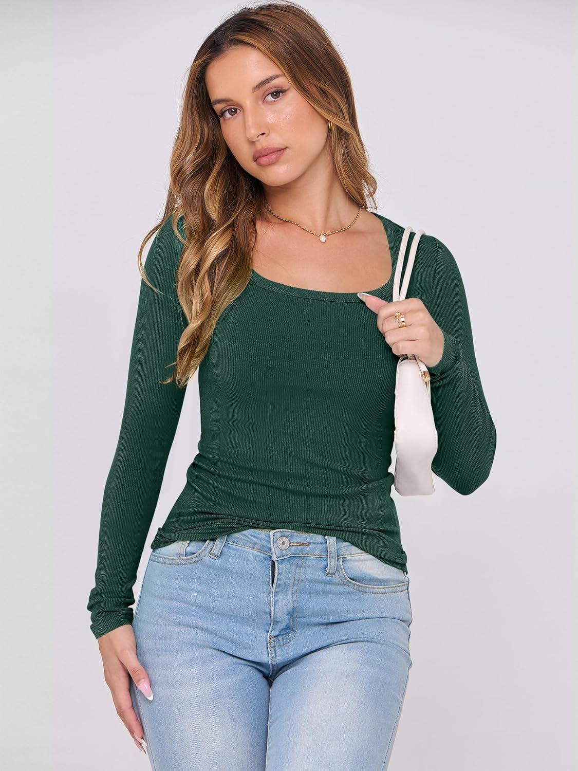 imageANRABESS Womens Long Sleeve Shirts Scoop Neck Ribbed Knit Slim Fitted Tops Casual Basic Tee 2025 Fall Fashion Outfits ClothesDeep Green
