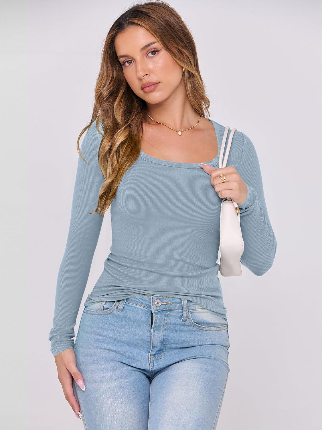 imageANRABESS Womens Long Sleeve Shirts Scoop Neck Ribbed Knit Slim Fitted Tops Casual Basic Tee 2025 Fall Fashion Outfits ClothesGrey Blue
