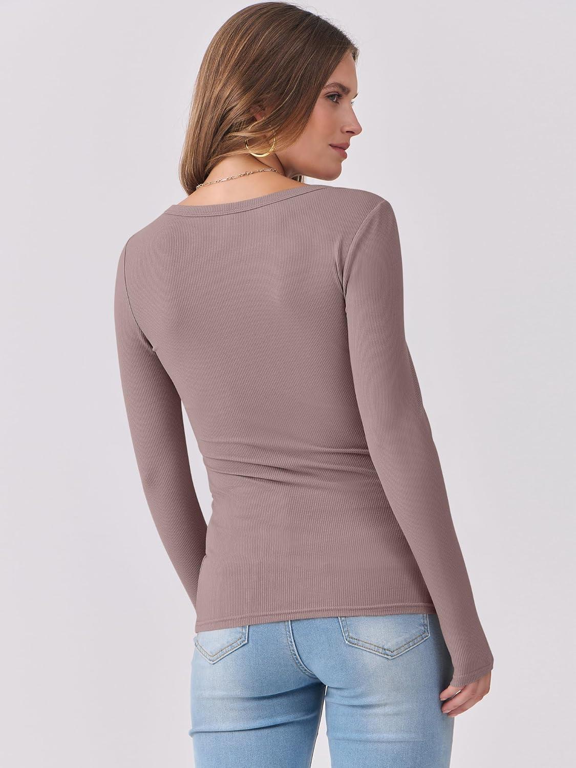 imageANRABESS Womens Long Sleeve Shirts Scoop Neck Ribbed Knit Slim Fitted Tops Casual Basic Tee 2025 Fall Fashion Outfits ClothesGrey Pink