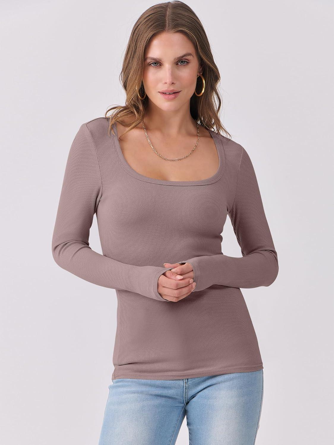 imageANRABESS Womens Long Sleeve Shirts Scoop Neck Ribbed Knit Slim Fitted Tops Casual Basic Tee 2025 Fall Fashion Outfits ClothesGrey Pink