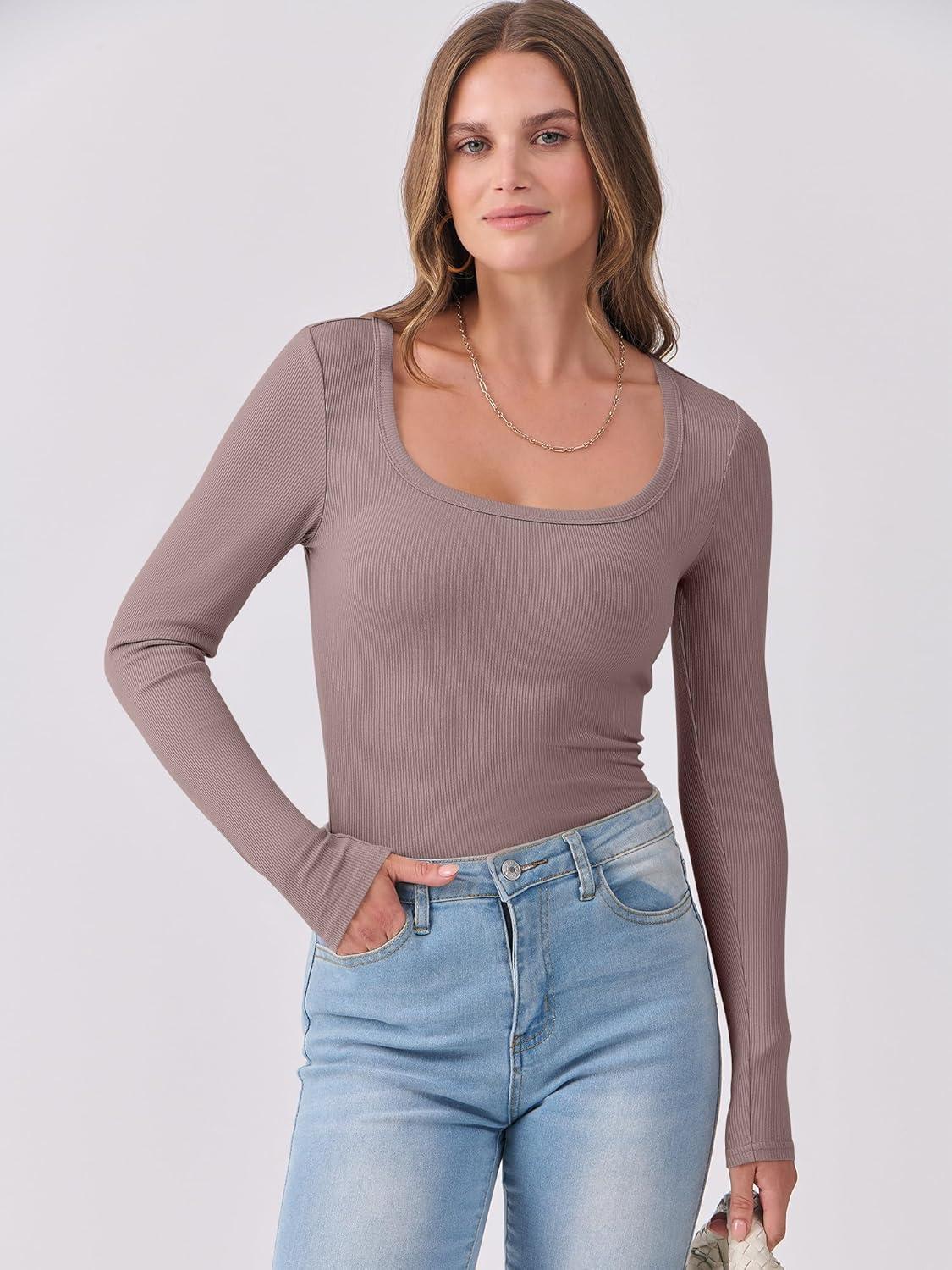 imageANRABESS Womens Long Sleeve Shirts Scoop Neck Ribbed Knit Slim Fitted Tops Casual Basic Tee 2025 Fall Fashion Outfits ClothesGrey Pink