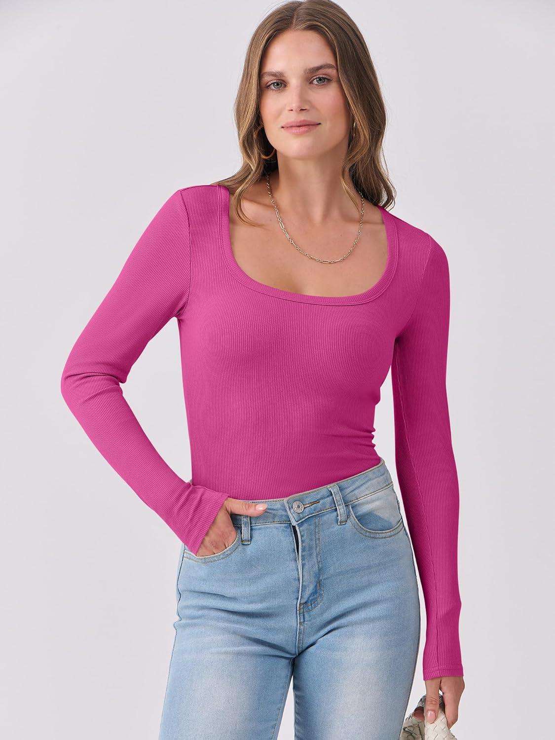 imageANRABESS Womens Long Sleeve Shirts Scoop Neck Ribbed Knit Slim Fitted Tops Casual Basic Tee 2025 Fall Fashion Outfits ClothesHot Pink