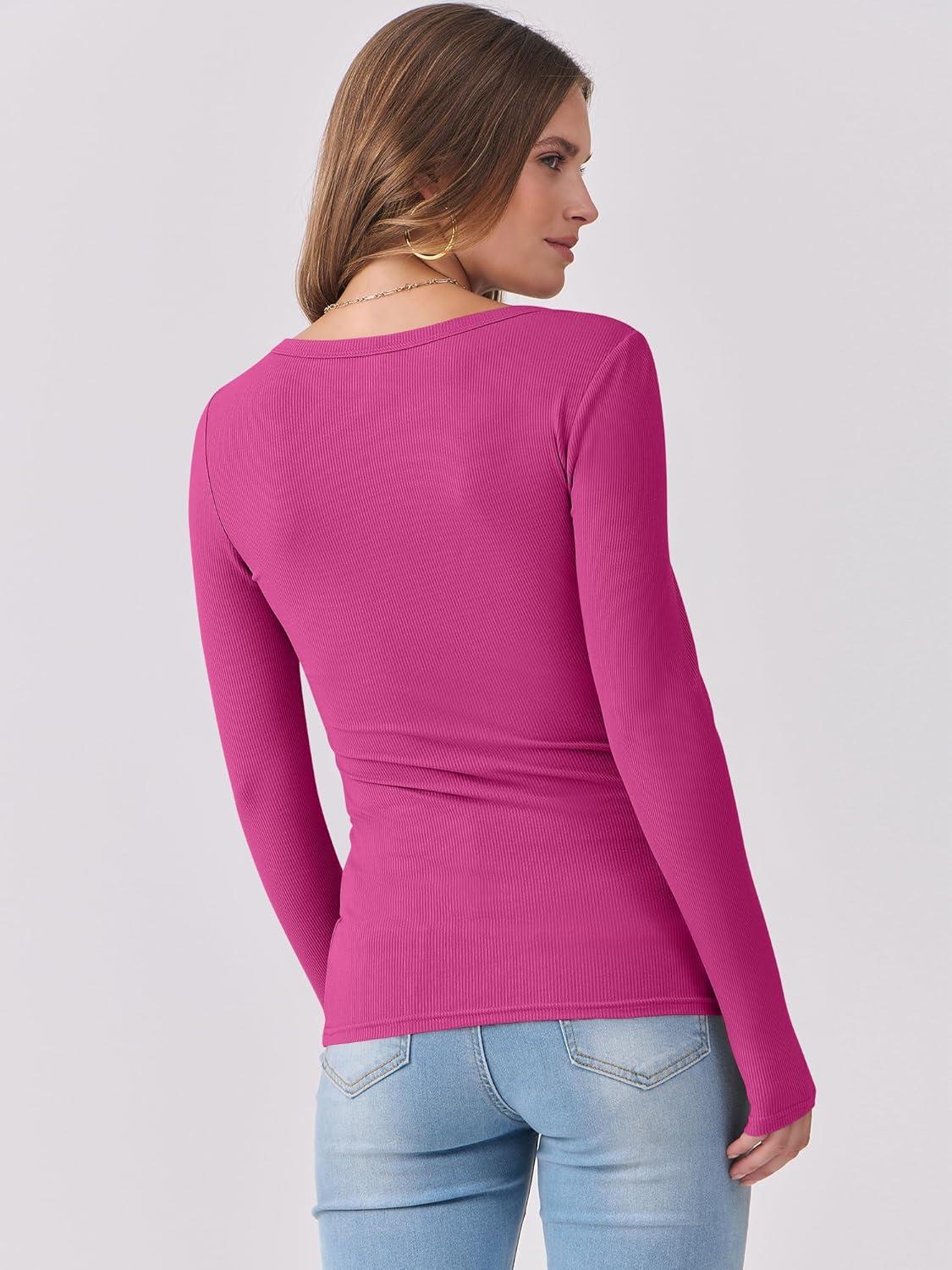 imageANRABESS Womens Long Sleeve Shirts Scoop Neck Ribbed Knit Slim Fitted Tops Casual Basic Tee 2025 Fall Fashion Outfits ClothesHot Pink