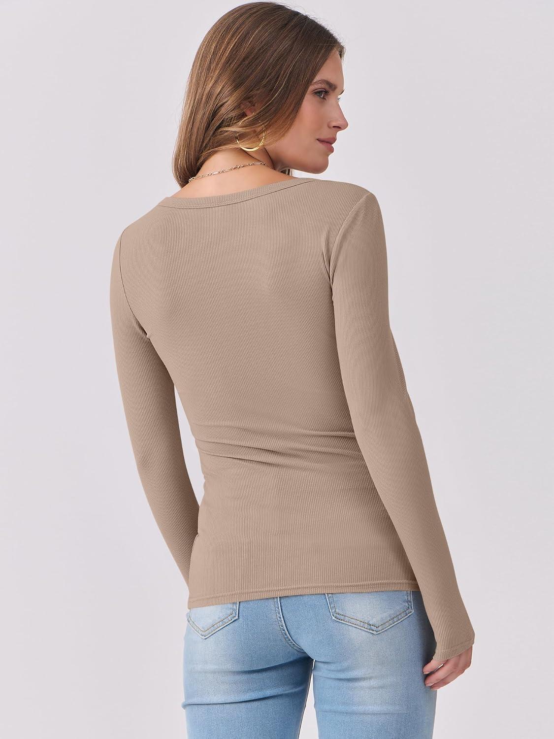 imageANRABESS Womens Long Sleeve Shirts Scoop Neck Ribbed Knit Slim Fitted Tops Casual Basic Tee 2025 Fall Fashion Outfits ClothesKhaki