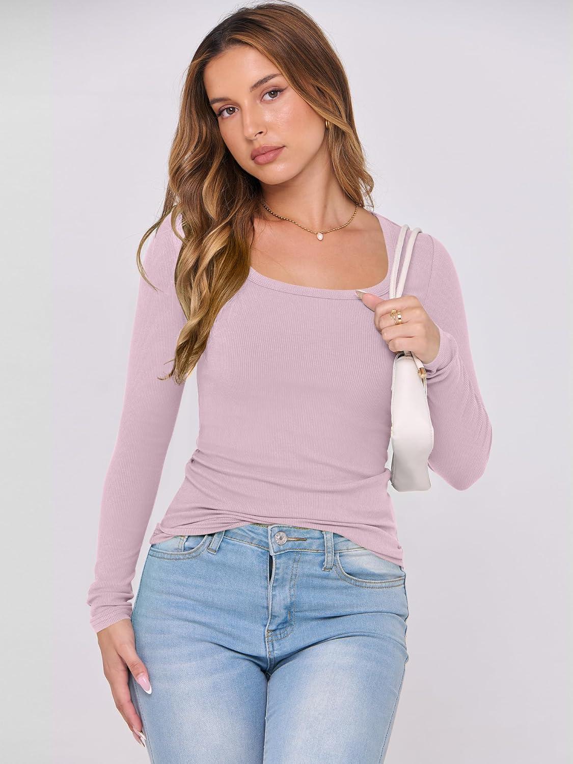 imageANRABESS Womens Long Sleeve Shirts Scoop Neck Ribbed Knit Slim Fitted Tops Casual Basic Tee 2025 Fall Fashion Outfits ClothesLight Pink