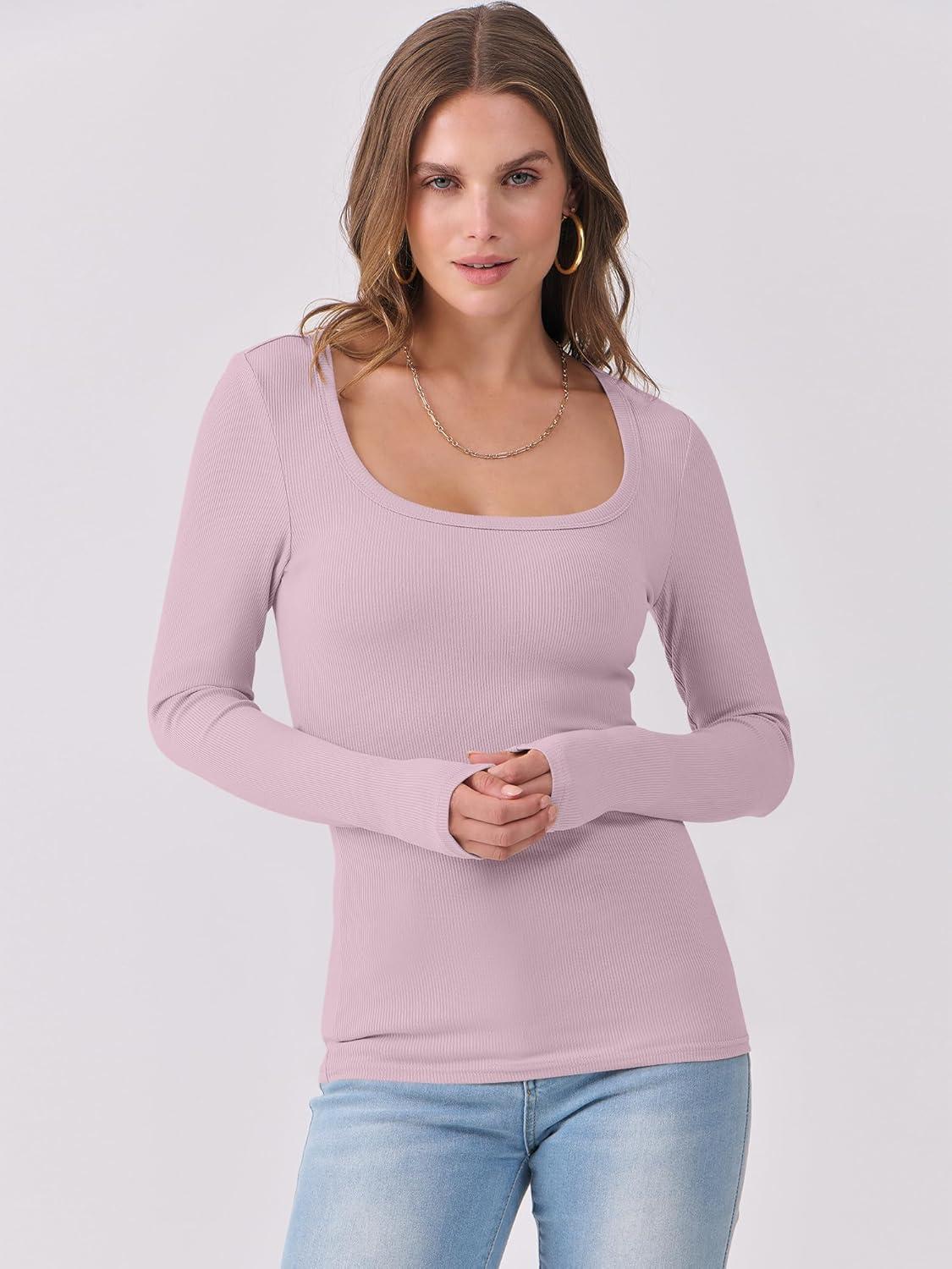 imageANRABESS Womens Long Sleeve Shirts Scoop Neck Ribbed Knit Slim Fitted Tops Casual Basic Tee 2025 Fall Fashion Outfits ClothesLight Pink