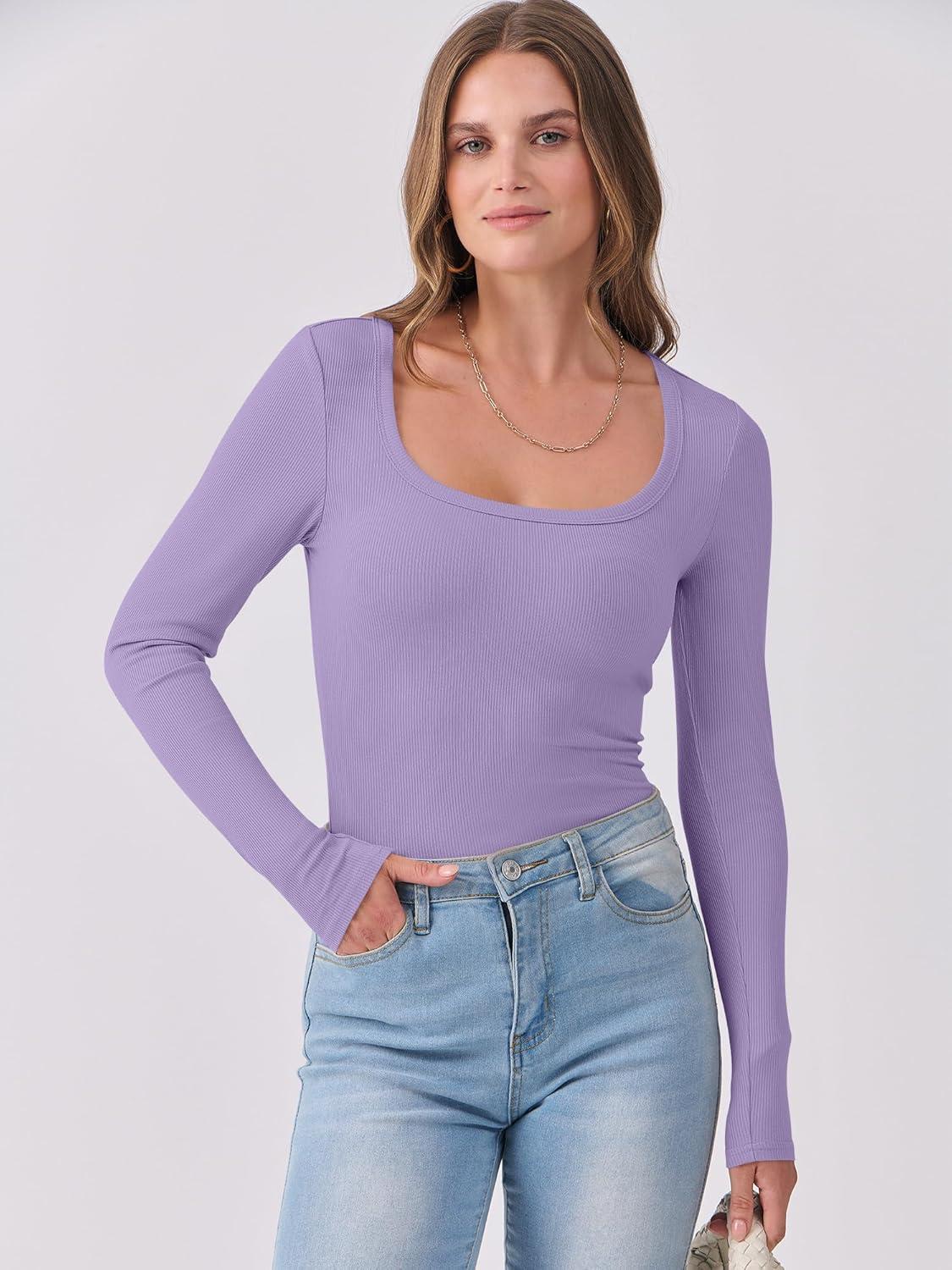 imageANRABESS Womens Long Sleeve Shirts Scoop Neck Ribbed Knit Slim Fitted Tops Casual Basic Tee 2025 Fall Fashion Outfits ClothesLight Purple