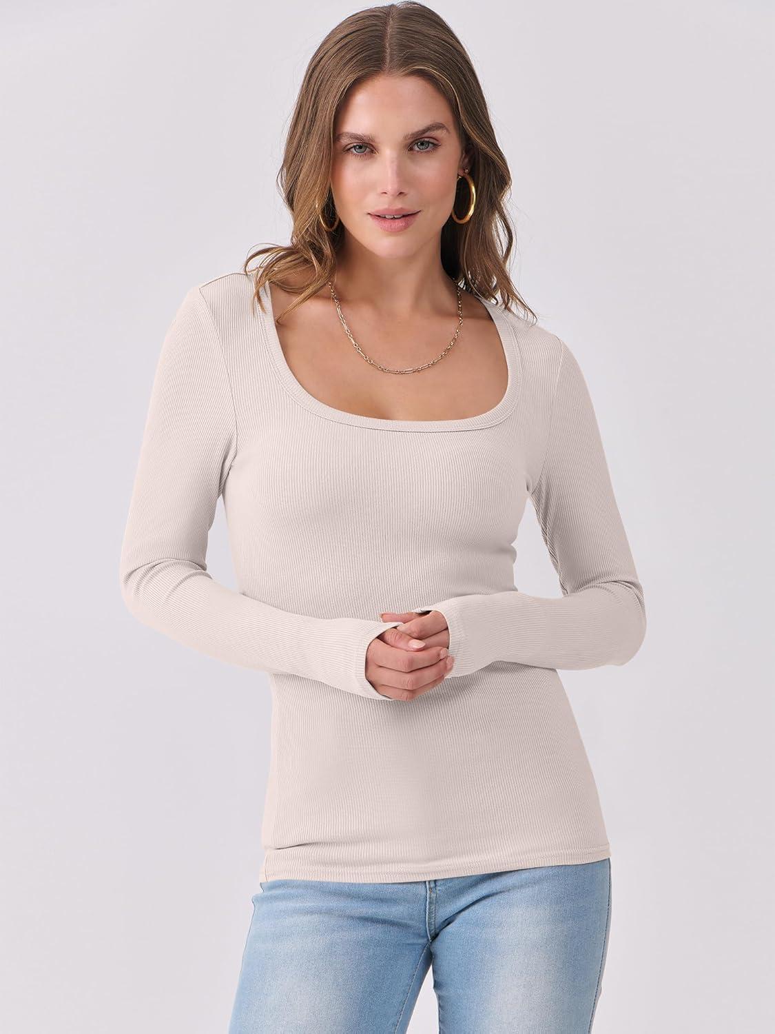 imageANRABESS Womens Long Sleeve Shirts Scoop Neck Ribbed Knit Slim Fitted Tops Casual Basic Tee 2025 Fall Fashion Outfits ClothesParchment