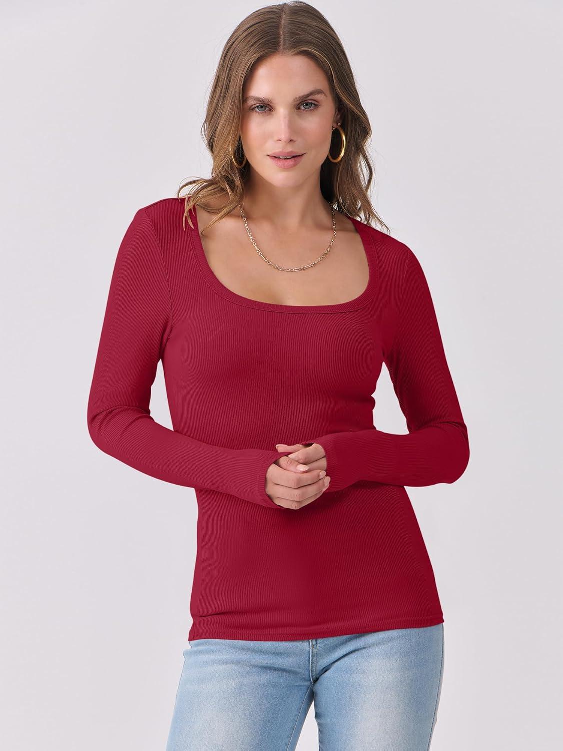imageANRABESS Womens Long Sleeve Shirts Scoop Neck Ribbed Knit Slim Fitted Tops Casual Basic Tee 2025 Fall Fashion Outfits ClothesRed