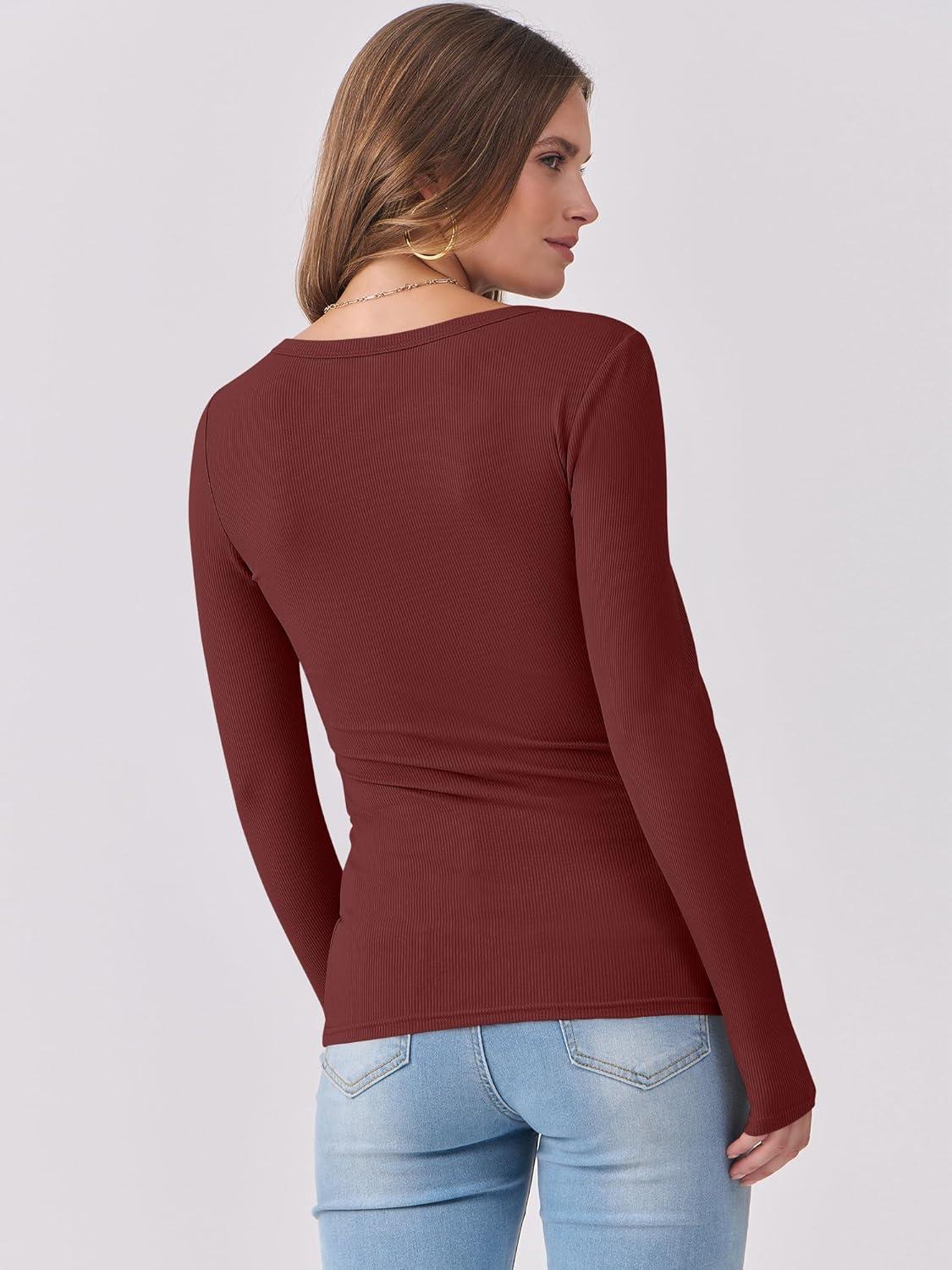 imageANRABESS Womens Long Sleeve Shirts Scoop Neck Ribbed Knit Slim Fitted Tops Casual Basic Tee 2025 Fall Fashion Outfits ClothesRed Brown