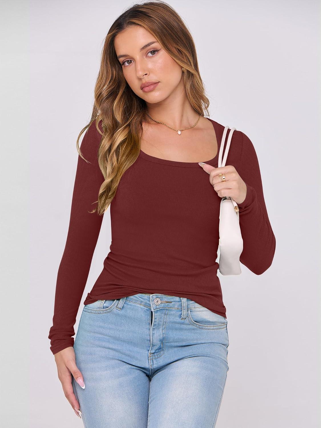 imageANRABESS Womens Long Sleeve Shirts Scoop Neck Ribbed Knit Slim Fitted Tops Casual Basic Tee 2025 Fall Fashion Outfits ClothesRed Brown