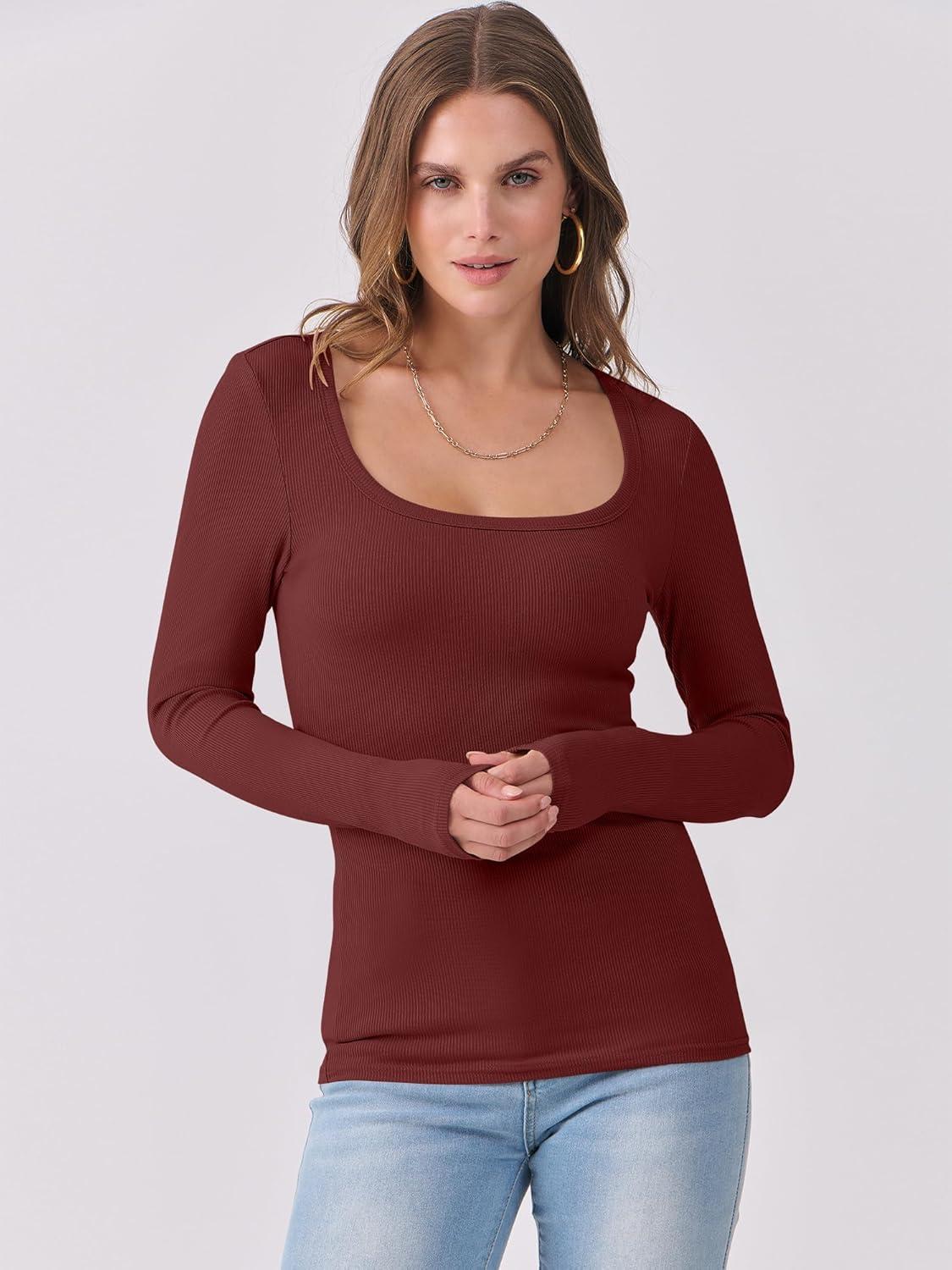 imageANRABESS Womens Long Sleeve Shirts Scoop Neck Ribbed Knit Slim Fitted Tops Casual Basic Tee 2025 Fall Fashion Outfits ClothesRed Brown