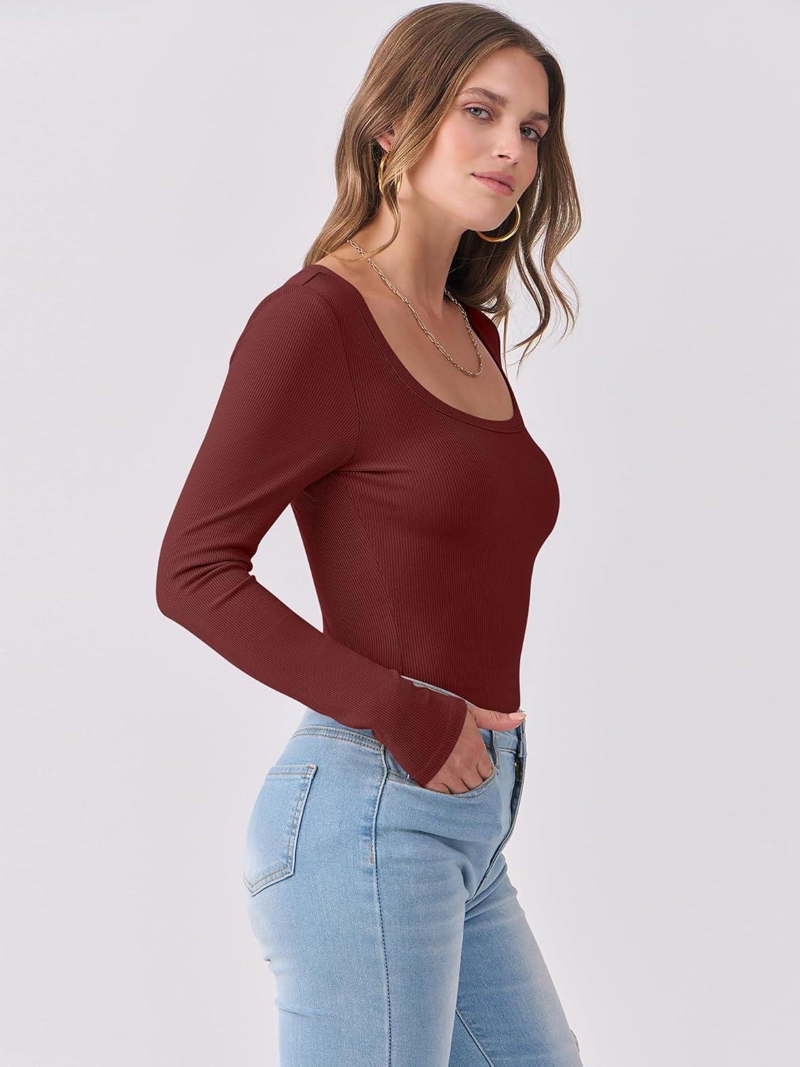 imageANRABESS Womens Long Sleeve Shirts Scoop Neck Ribbed Knit Slim Fitted Tops Casual Basic Tee 2025 Fall Fashion Outfits ClothesRed Brown