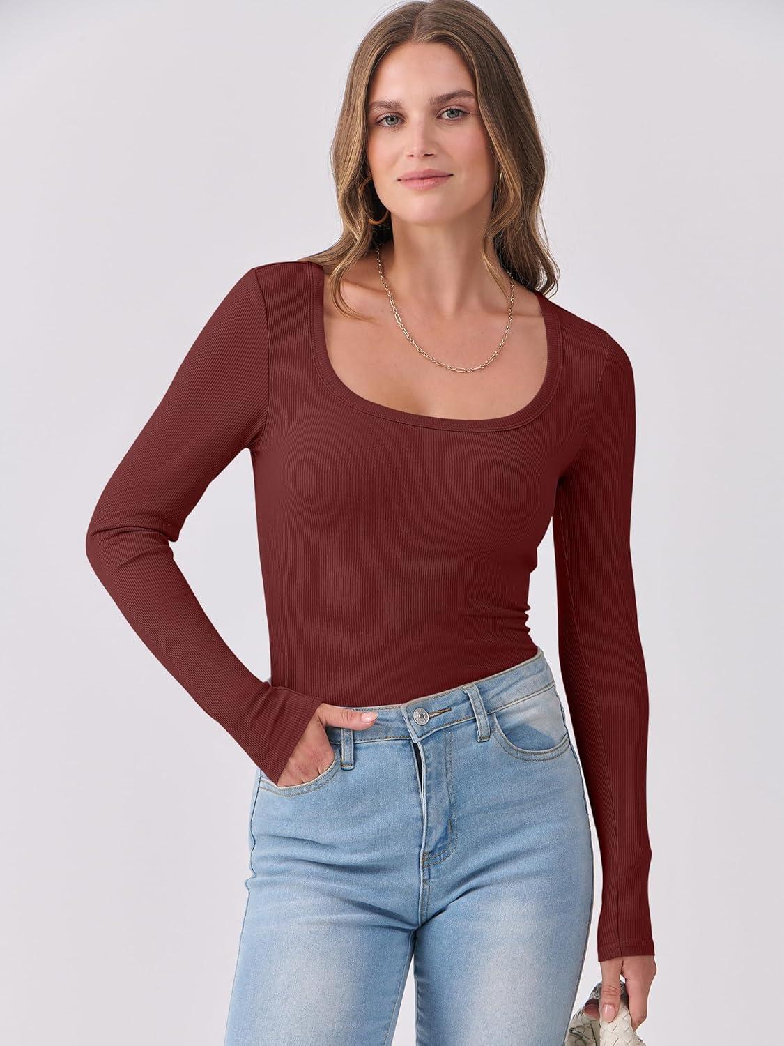 imageANRABESS Womens Long Sleeve Shirts Scoop Neck Ribbed Knit Slim Fitted Tops Casual Basic Tee 2025 Fall Fashion Outfits ClothesRed Brown