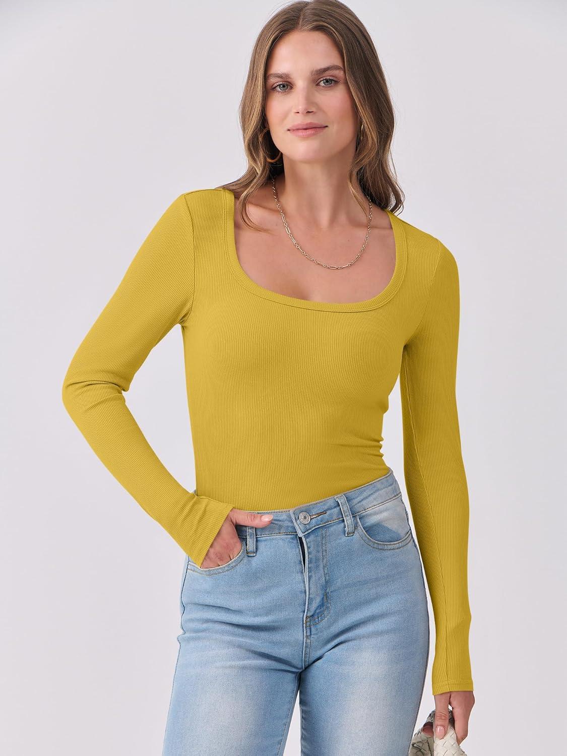 imageANRABESS Womens Long Sleeve Shirts Scoop Neck Ribbed Knit Slim Fitted Tops Casual Basic Tee 2025 Fall Fashion Outfits ClothesYellow