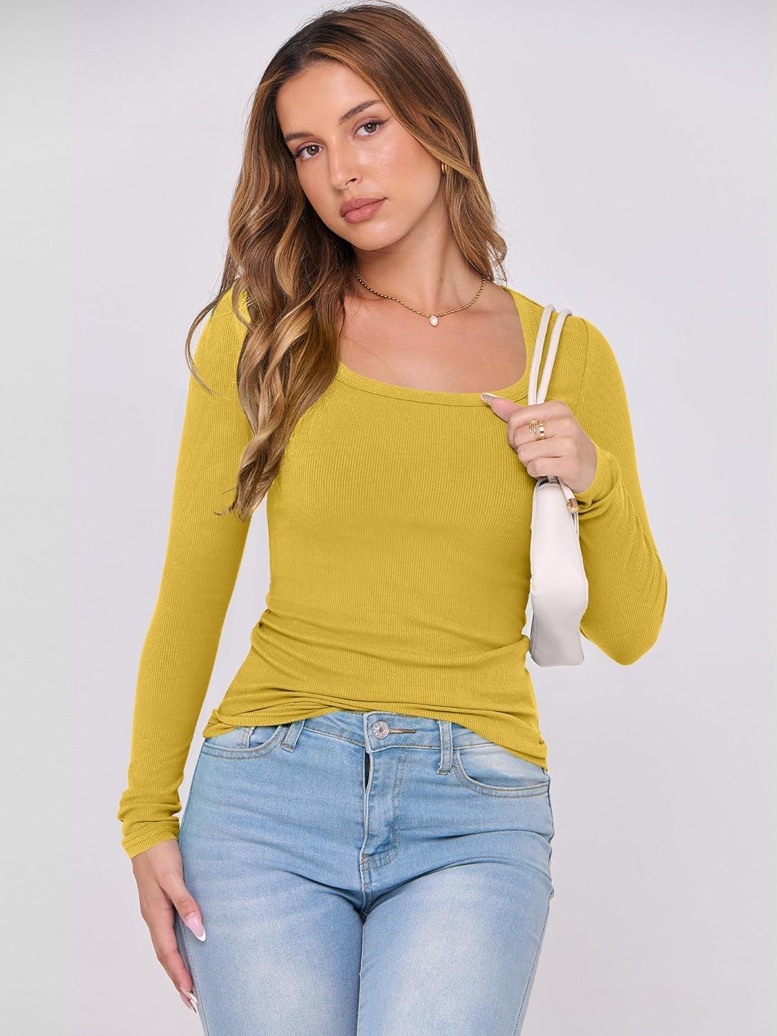 imageANRABESS Womens Long Sleeve Shirts Scoop Neck Ribbed Knit Slim Fitted Tops Casual Basic Tee 2025 Fall Fashion Outfits ClothesYellow
