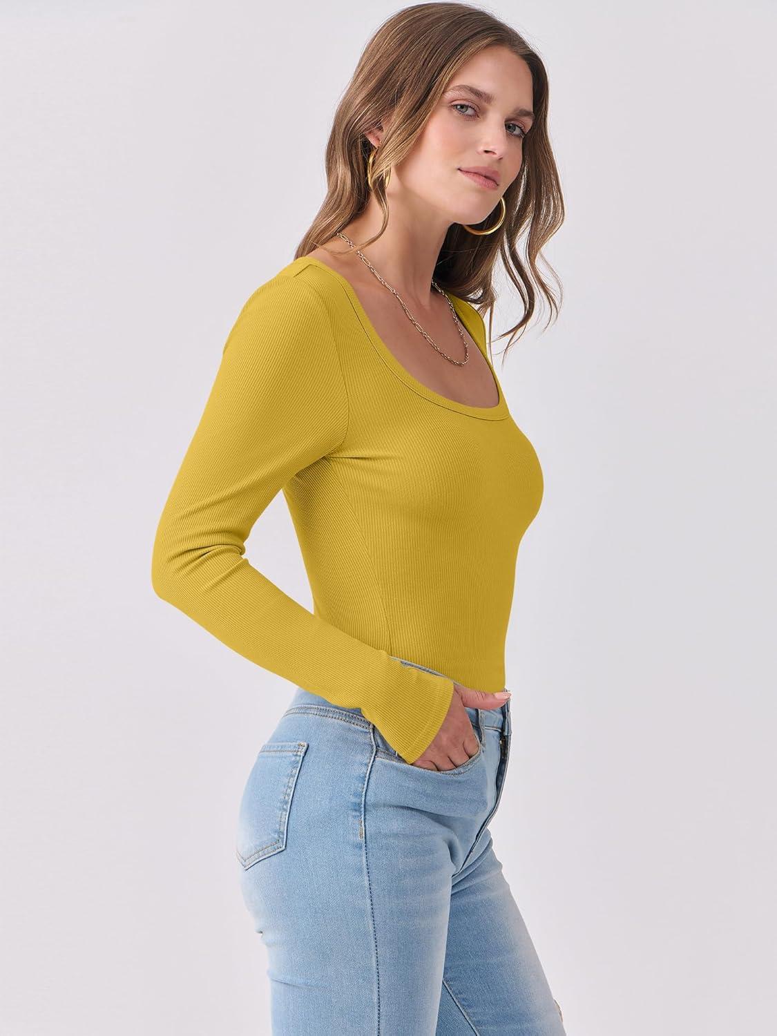 imageANRABESS Womens Long Sleeve Shirts Scoop Neck Ribbed Knit Slim Fitted Tops Casual Basic Tee 2025 Fall Fashion Outfits ClothesYellow