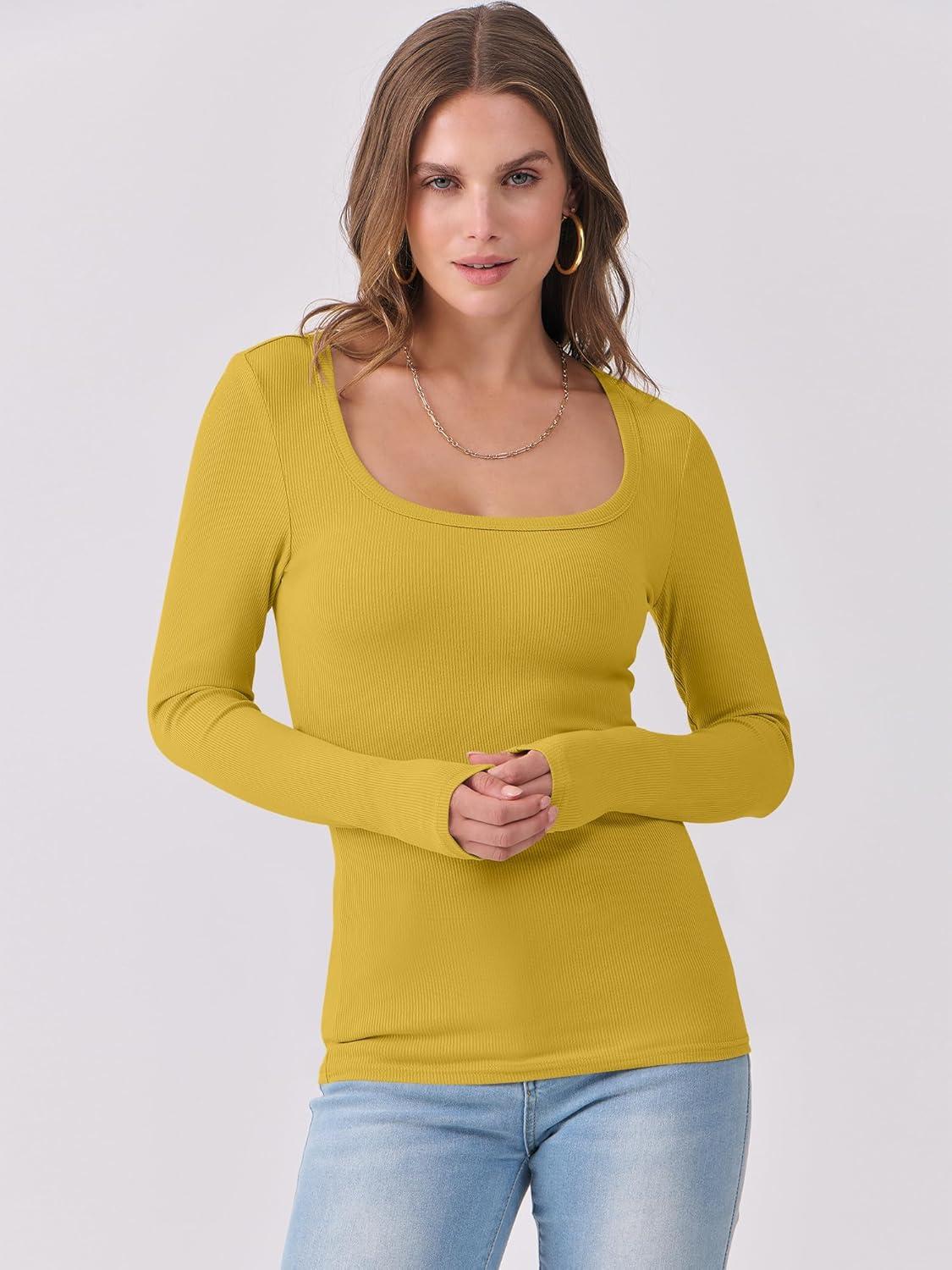 imageANRABESS Womens Long Sleeve Shirts Scoop Neck Ribbed Knit Slim Fitted Tops Casual Basic Tee 2025 Fall Fashion Outfits ClothesYellow