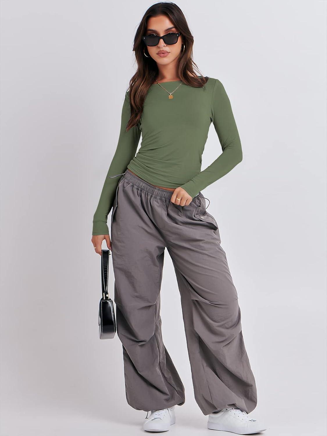 imageANRABESS Womens Long Sleeve Shirts Tight Fitted Going Out Crop Tops Crewneck Basic Tee Y2k Fall Outfits Teens Girls ClothesArmy Green