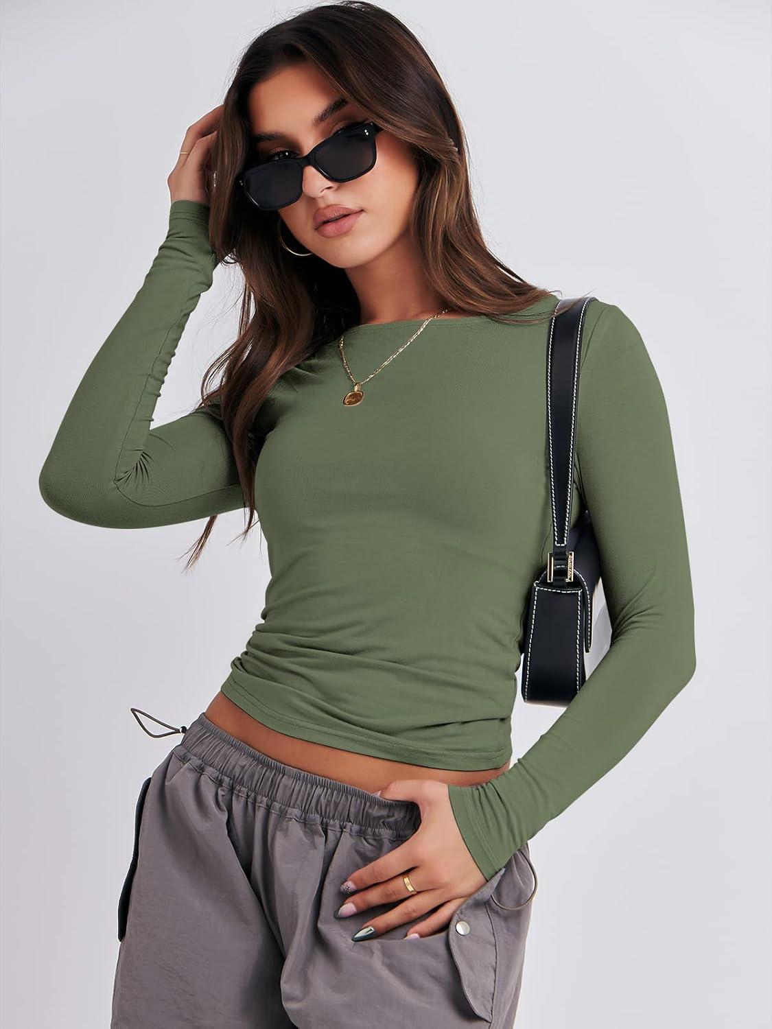 imageANRABESS Womens Long Sleeve Shirts Tight Fitted Going Out Crop Tops Crewneck Basic Tee Y2k Fall Outfits Teens Girls ClothesArmy Green