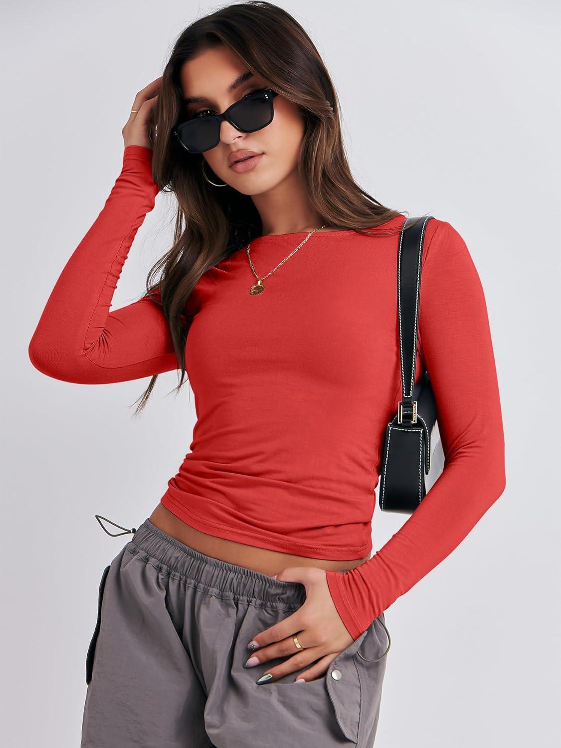 imageANRABESS Womens Long Sleeve Shirts Tight Fitted Going Out Crop Tops Crewneck Basic Tee Y2k Fall Outfits Teens Girls ClothesBrilliant Red