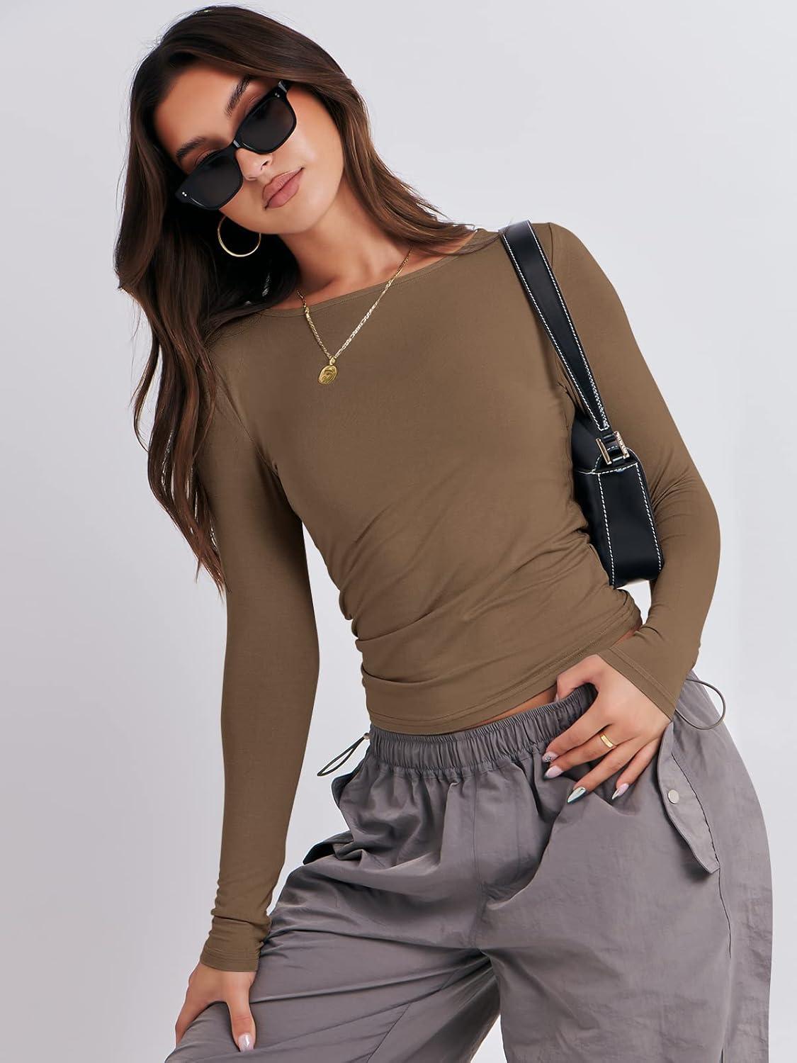 imageANRABESS Womens Long Sleeve Shirts Tight Fitted Going Out Crop Tops Crewneck Basic Tee Y2k Fall Outfits Teens Girls ClothesBrown