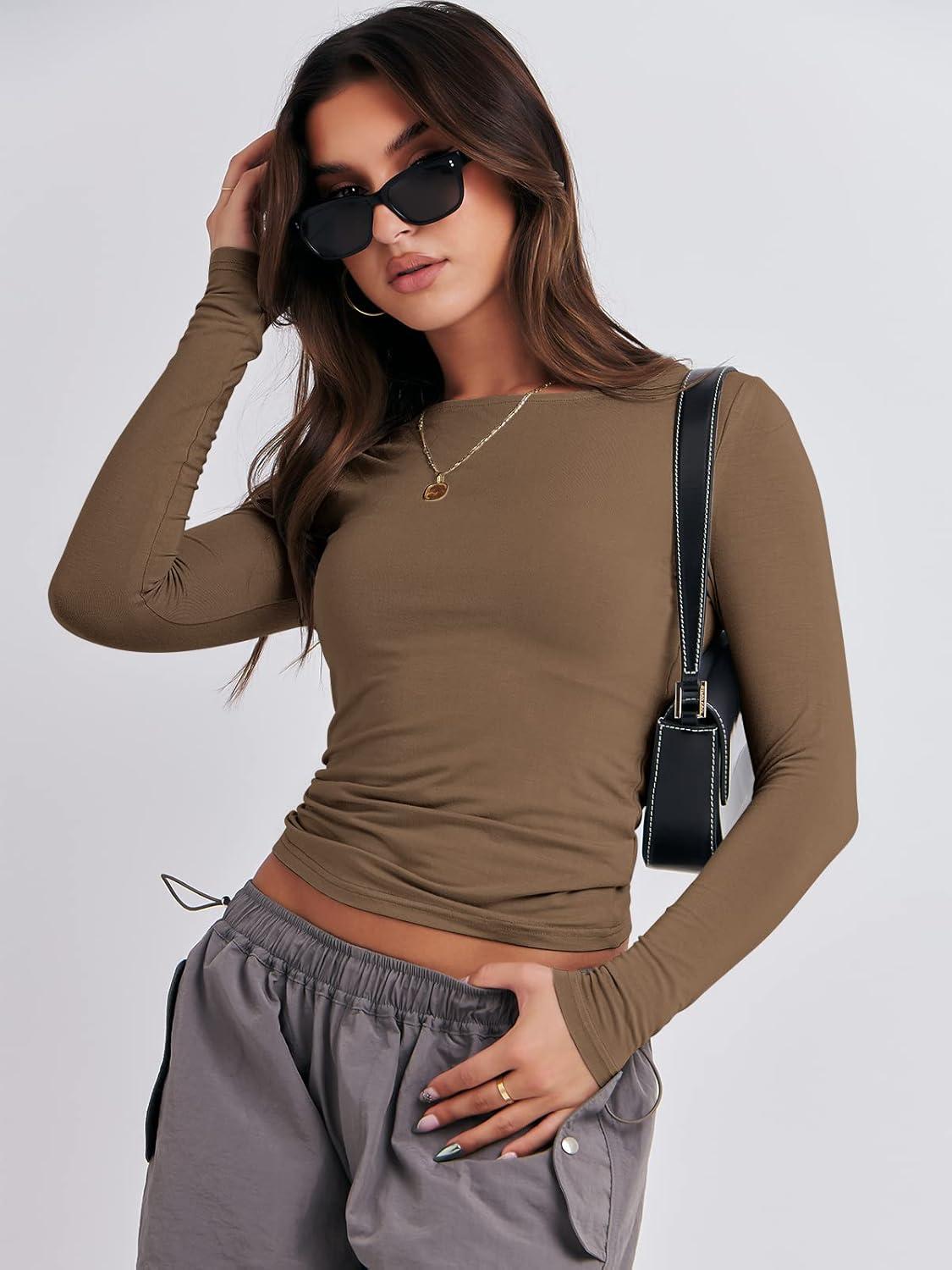 imageANRABESS Womens Long Sleeve Shirts Tight Fitted Going Out Crop Tops Crewneck Basic Tee Y2k Fall Outfits Teens Girls ClothesBrown