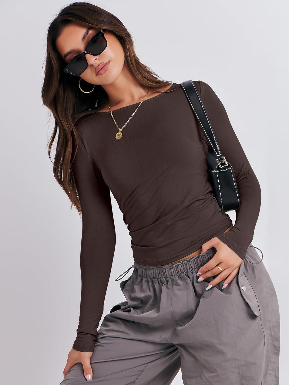 imageANRABESS Womens Long Sleeve Shirts Tight Fitted Going Out Crop Tops Crewneck Basic Tee Y2k Fall Outfits Teens Girls ClothesDeep Brown