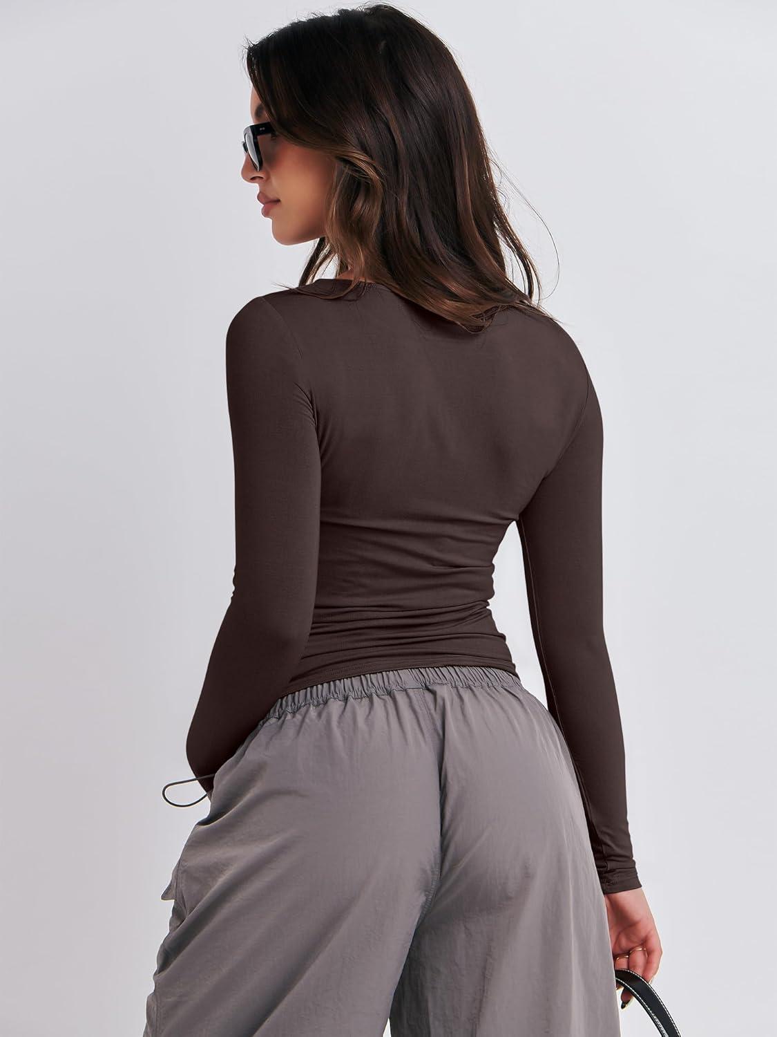 imageANRABESS Womens Long Sleeve Shirts Tight Fitted Going Out Crop Tops Crewneck Basic Tee Y2k Fall Outfits Teens Girls ClothesDeep Brown