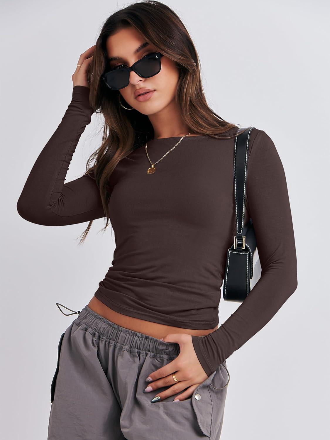 imageANRABESS Womens Long Sleeve Shirts Tight Fitted Going Out Crop Tops Crewneck Basic Tee Y2k Fall Outfits Teens Girls ClothesDeep Brown