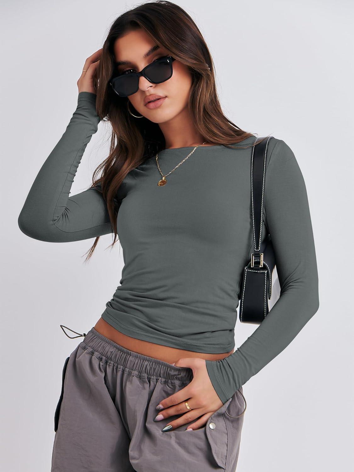 imageANRABESS Womens Long Sleeve Shirts Tight Fitted Going Out Crop Tops Crewneck Basic Tee Y2k Fall Outfits Teens Girls ClothesDeep Grey