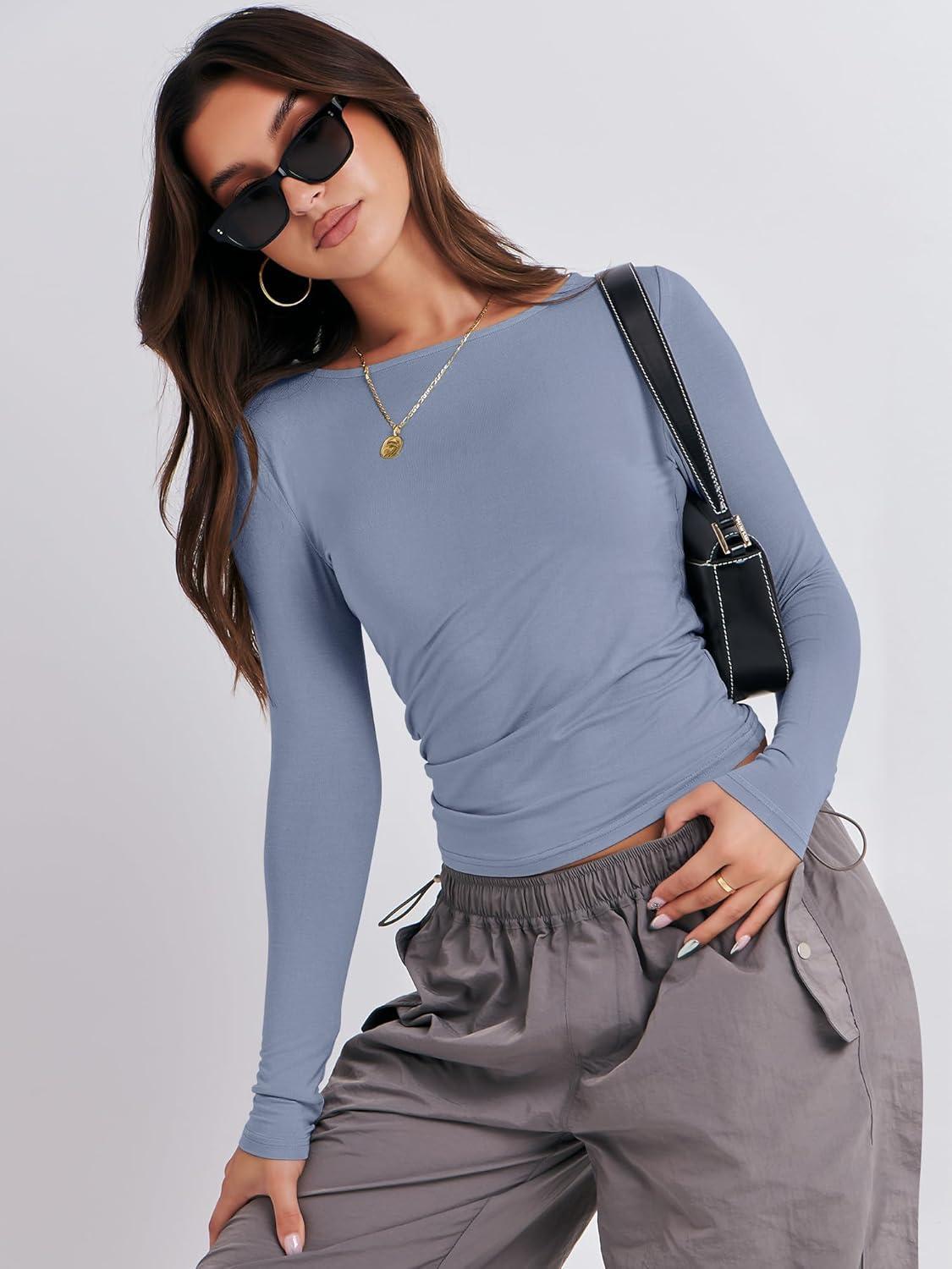 imageANRABESS Womens Long Sleeve Shirts Tight Fitted Going Out Crop Tops Crewneck Basic Tee Y2k Fall Outfits Teens Girls ClothesGrey Blue