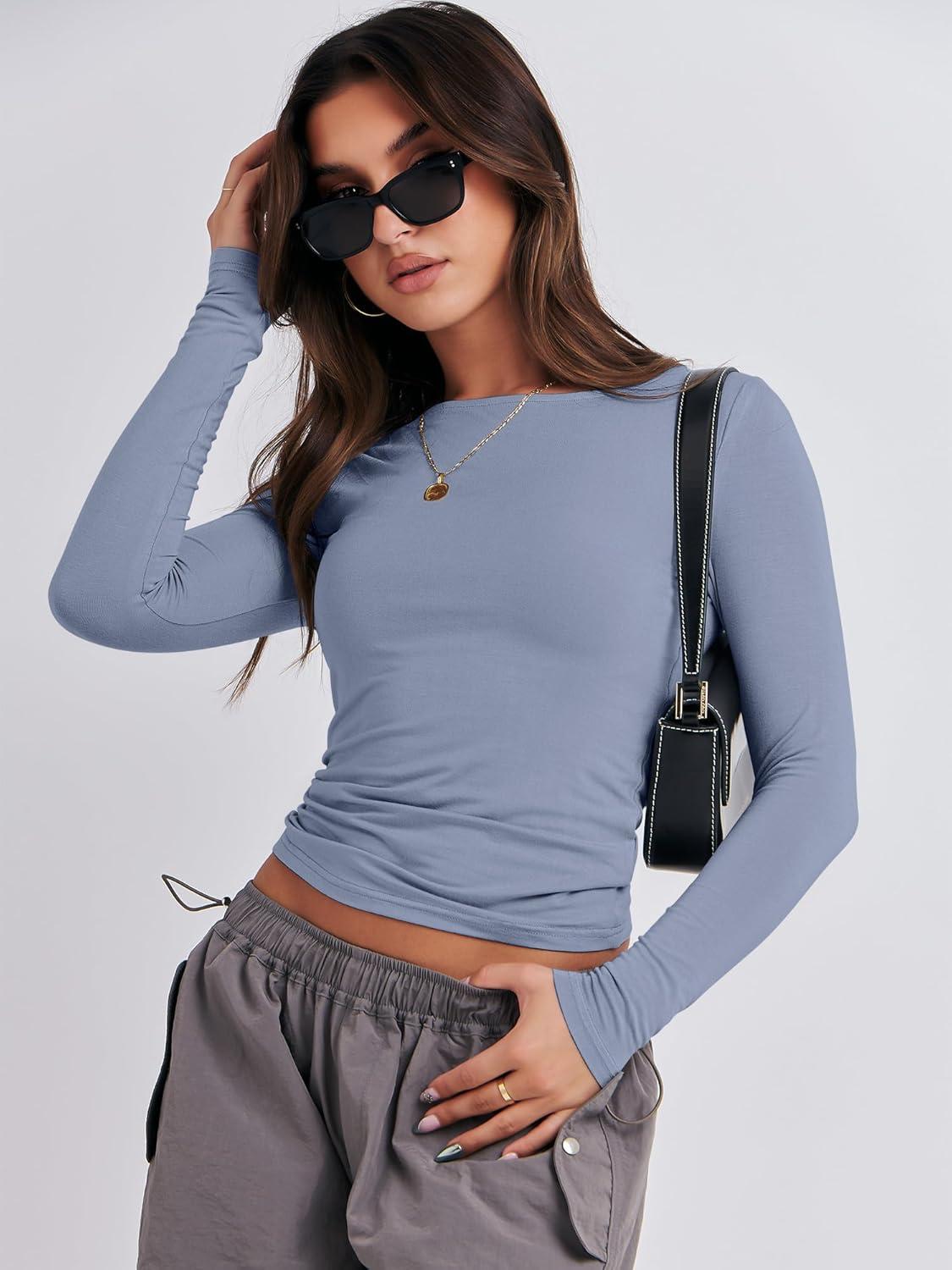 imageANRABESS Womens Long Sleeve Shirts Tight Fitted Going Out Crop Tops Crewneck Basic Tee Y2k Fall Outfits Teens Girls ClothesGrey Blue