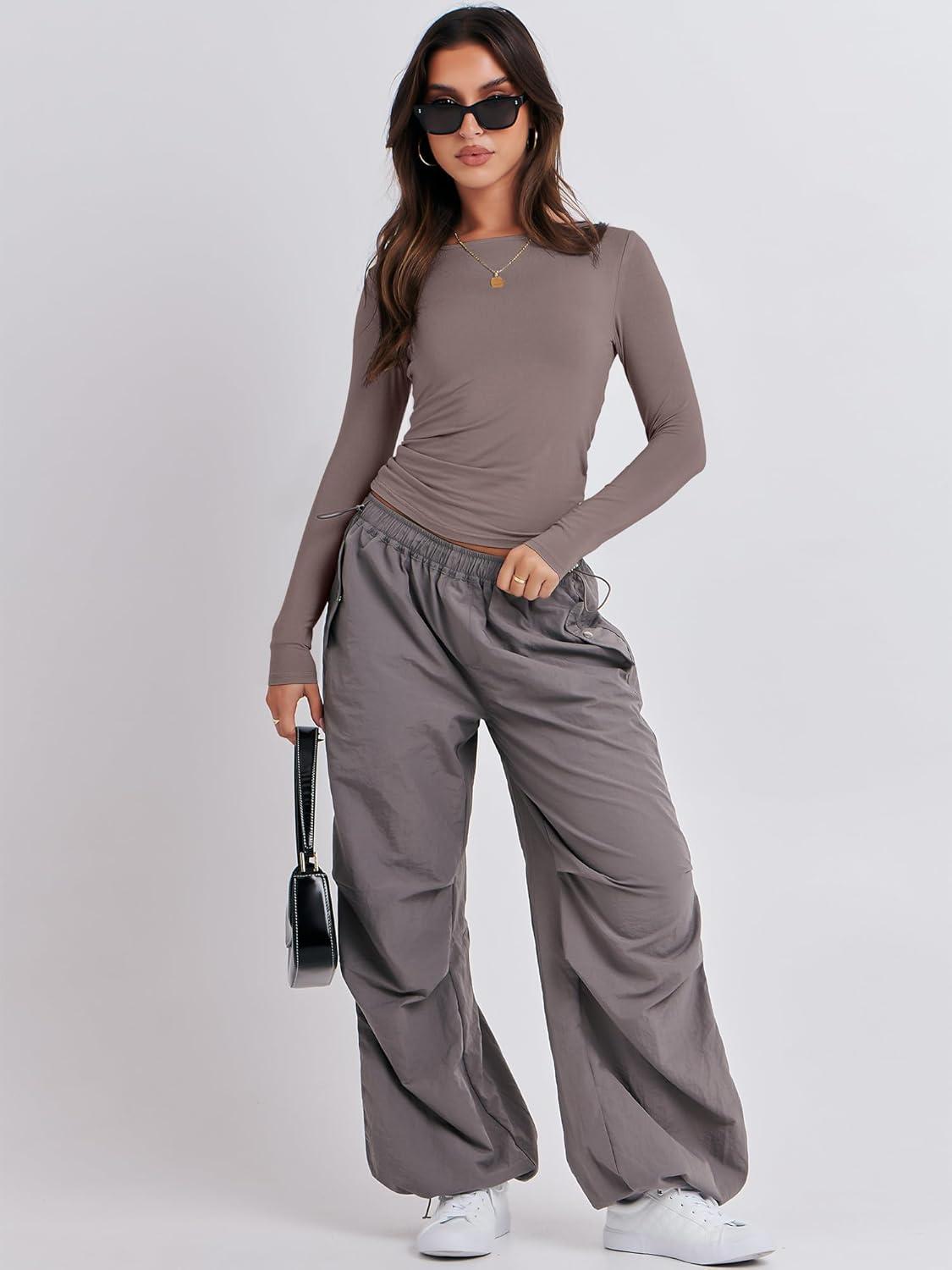 imageANRABESS Womens Long Sleeve Shirts Tight Fitted Going Out Crop Tops Crewneck Basic Tee Y2k Fall Outfits Teens Girls ClothesGrey Khaki