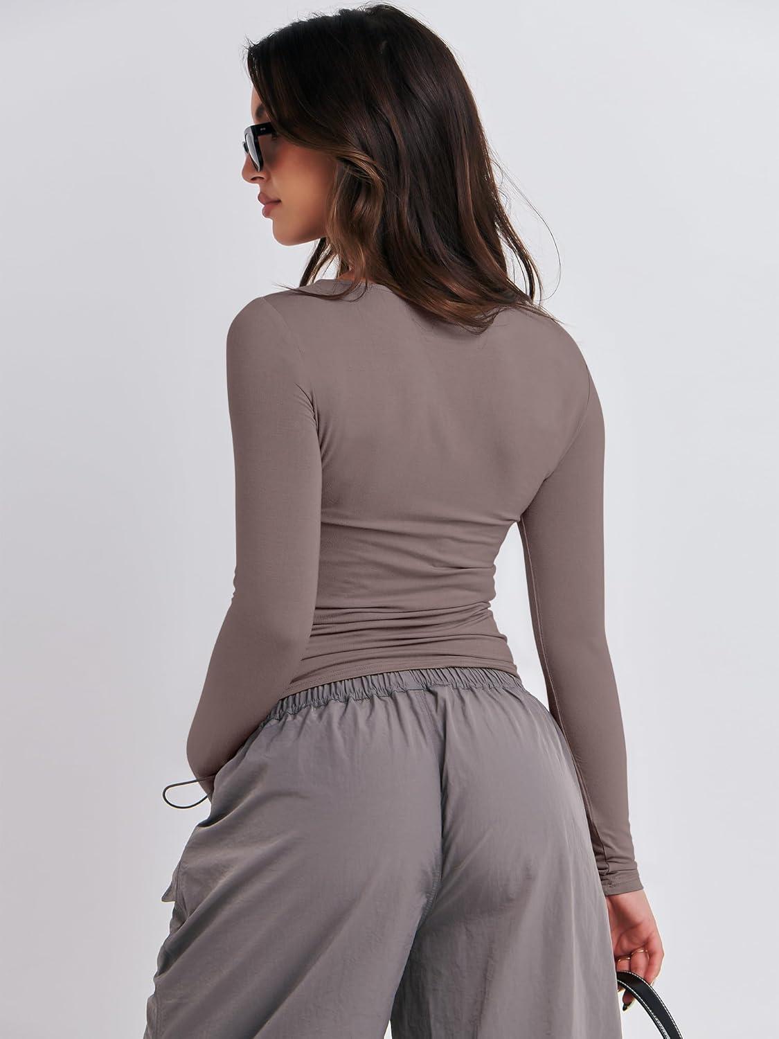 imageANRABESS Womens Long Sleeve Shirts Tight Fitted Going Out Crop Tops Crewneck Basic Tee Y2k Fall Outfits Teens Girls ClothesGrey Khaki