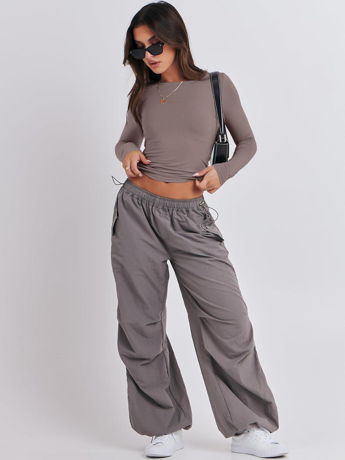 imageANRABESS Womens Long Sleeve Shirts Tight Fitted Going Out Crop Tops Crewneck Basic Tee Y2k Fall Outfits Teens Girls ClothesGrey Khaki