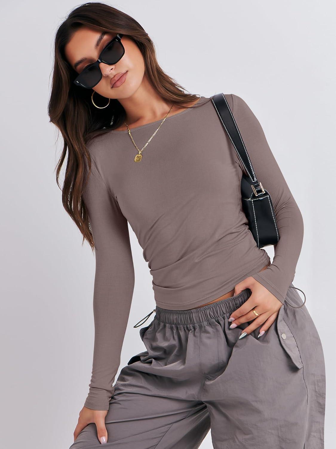 imageANRABESS Womens Long Sleeve Shirts Tight Fitted Going Out Crop Tops Crewneck Basic Tee Y2k Fall Outfits Teens Girls ClothesGrey Khaki