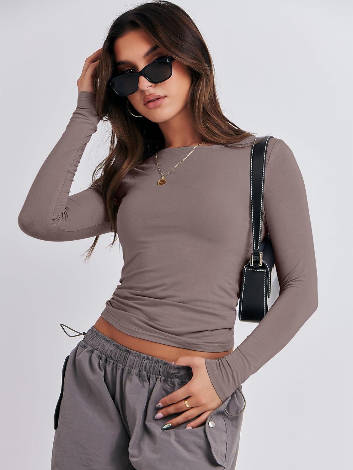 imageANRABESS Womens Long Sleeve Shirts Tight Fitted Going Out Crop Tops Crewneck Basic Tee Y2k Fall Outfits Teens Girls ClothesGrey Khaki