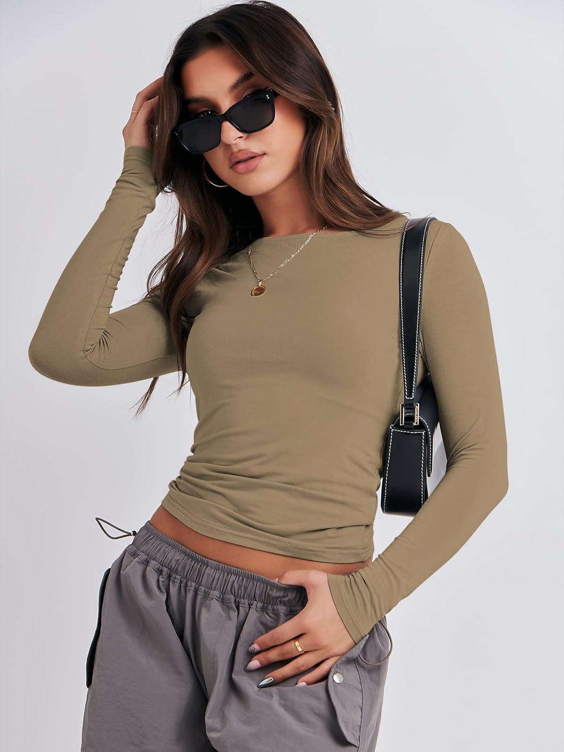 imageANRABESS Womens Long Sleeve Shirts Tight Fitted Going Out Crop Tops Crewneck Basic Tee Y2k Fall Outfits Teens Girls ClothesKhaki