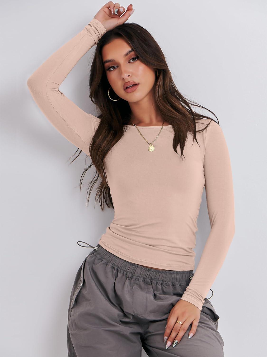 imageANRABESS Womens Long Sleeve Shirts Tight Fitted Going Out Crop Tops Crewneck Basic Tee Y2k Fall Outfits Teens Girls ClothesLight Khaki