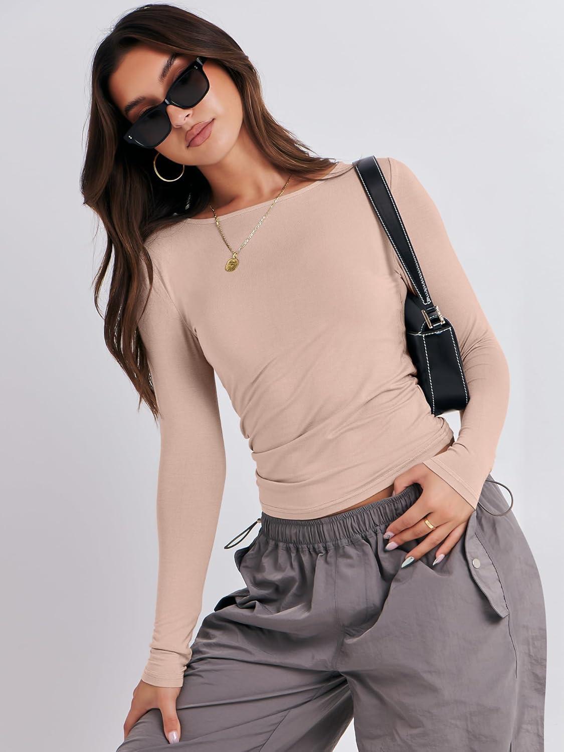 imageANRABESS Womens Long Sleeve Shirts Tight Fitted Going Out Crop Tops Crewneck Basic Tee Y2k Fall Outfits Teens Girls ClothesLight Khaki