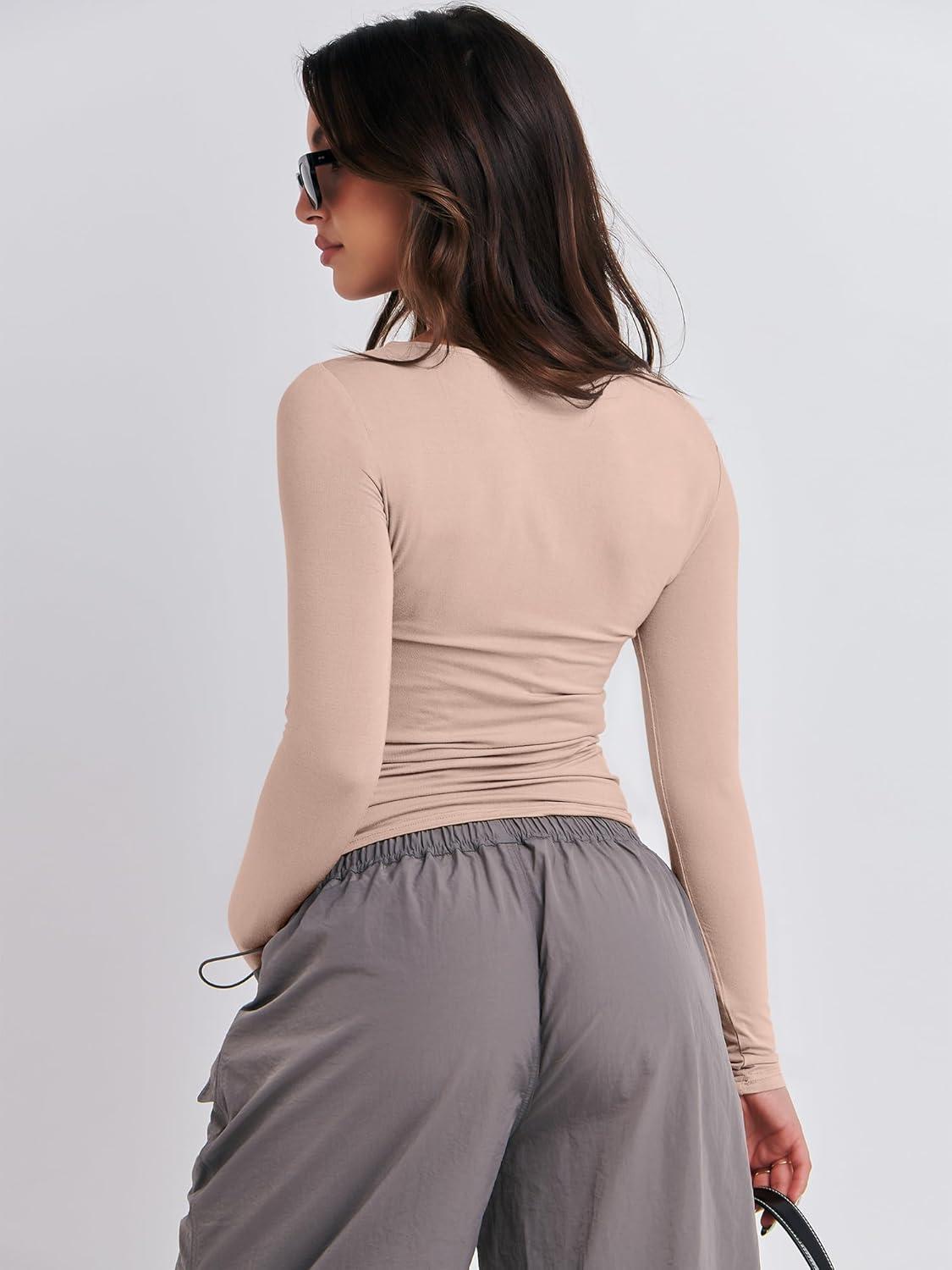 imageANRABESS Womens Long Sleeve Shirts Tight Fitted Going Out Crop Tops Crewneck Basic Tee Y2k Fall Outfits Teens Girls ClothesLight Khaki