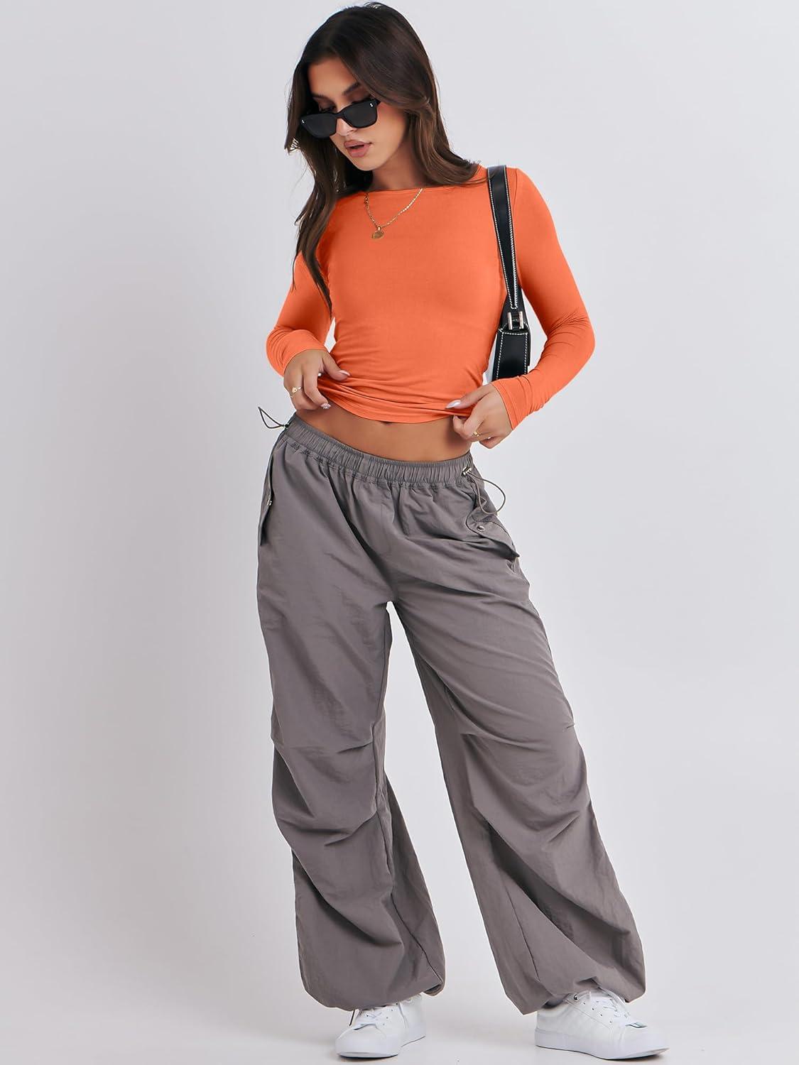 imageANRABESS Womens Long Sleeve Shirts Tight Fitted Going Out Crop Tops Crewneck Basic Tee Y2k Fall Outfits Teens Girls ClothesOrange