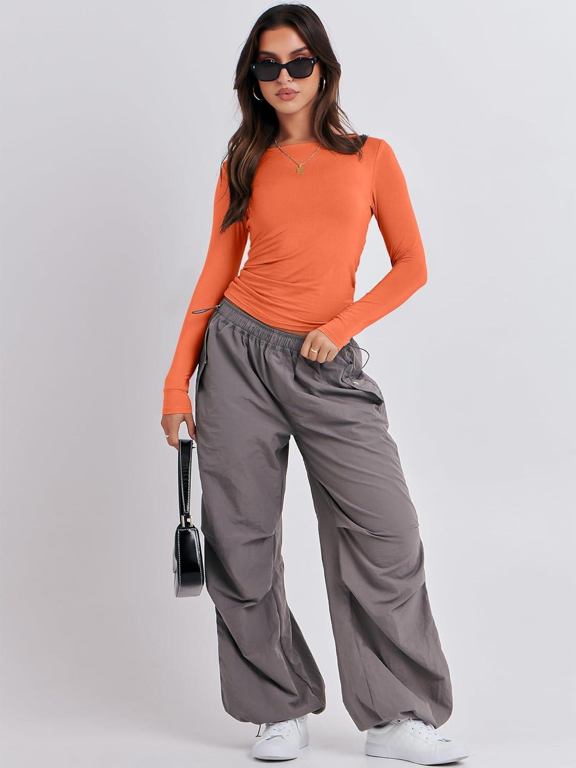 imageANRABESS Womens Long Sleeve Shirts Tight Fitted Going Out Crop Tops Crewneck Basic Tee Y2k Fall Outfits Teens Girls ClothesOrange