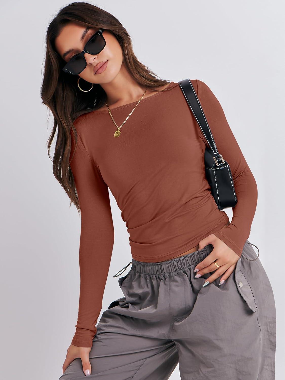 imageANRABESS Womens Long Sleeve Shirts Tight Fitted Going Out Crop Tops Crewneck Basic Tee Y2k Fall Outfits Teens Girls ClothesReddish Brown