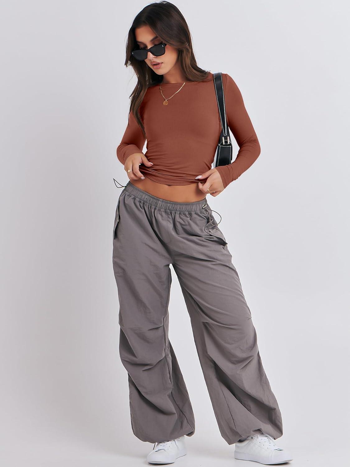 imageANRABESS Womens Long Sleeve Shirts Tight Fitted Going Out Crop Tops Crewneck Basic Tee Y2k Fall Outfits Teens Girls ClothesReddish Brown