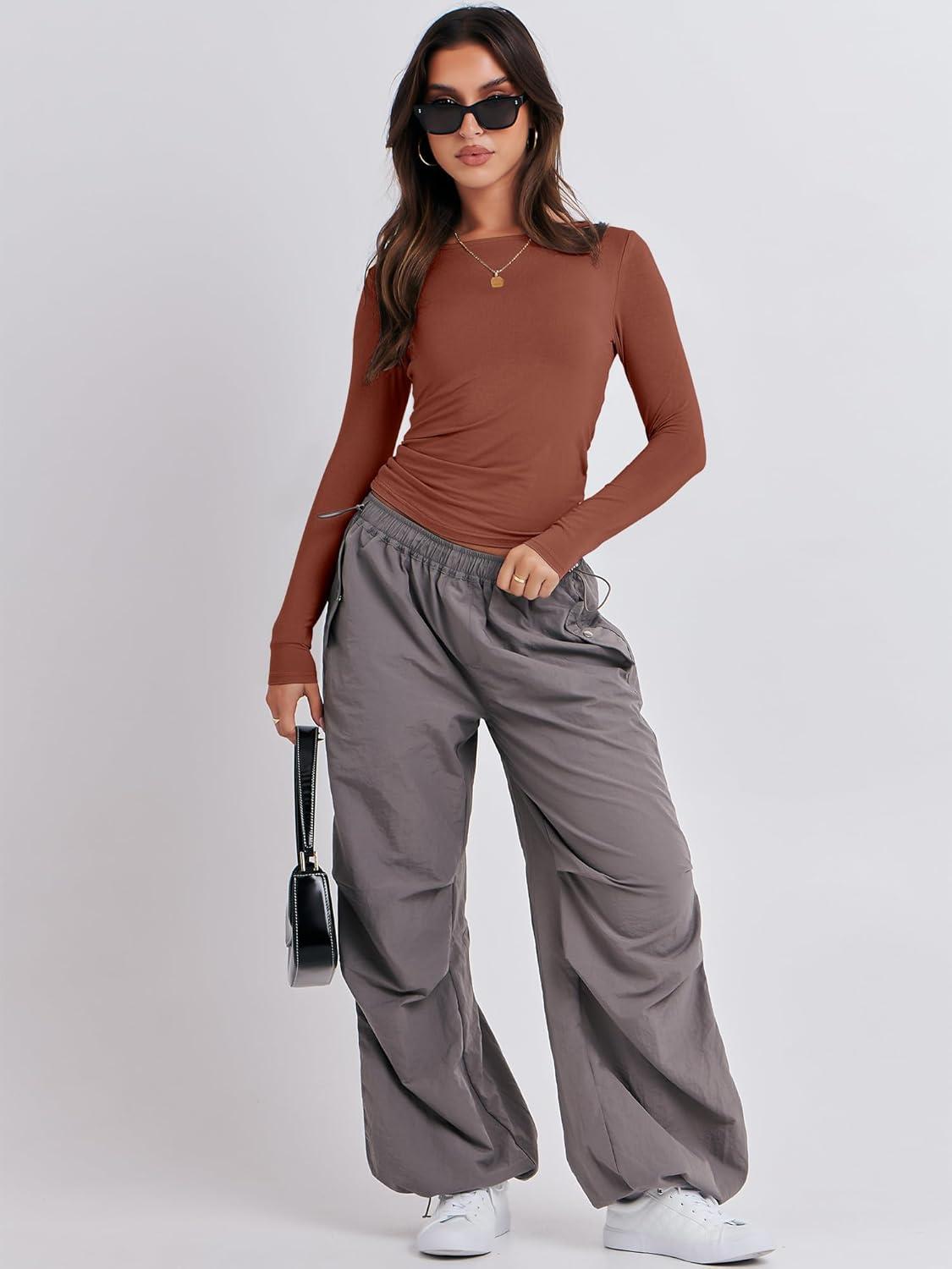 imageANRABESS Womens Long Sleeve Shirts Tight Fitted Going Out Crop Tops Crewneck Basic Tee Y2k Fall Outfits Teens Girls ClothesReddish Brown