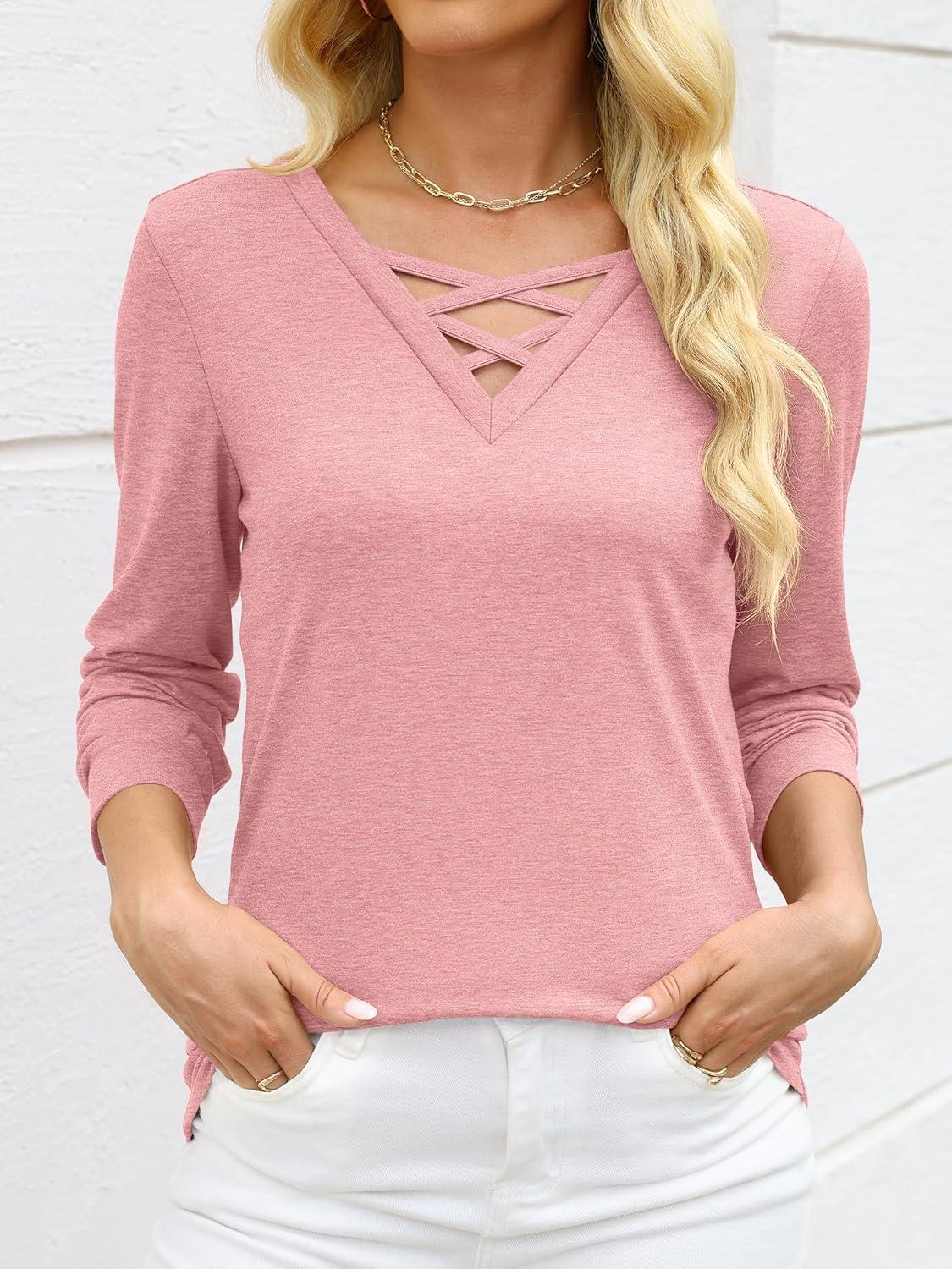 imageANRABESS Womens Long Sleeve Shirts V Neck Criss Cross Loose Fit Tops 2025 Fall Trendy Tees Dressy Casual Blouses TShirtsCoral